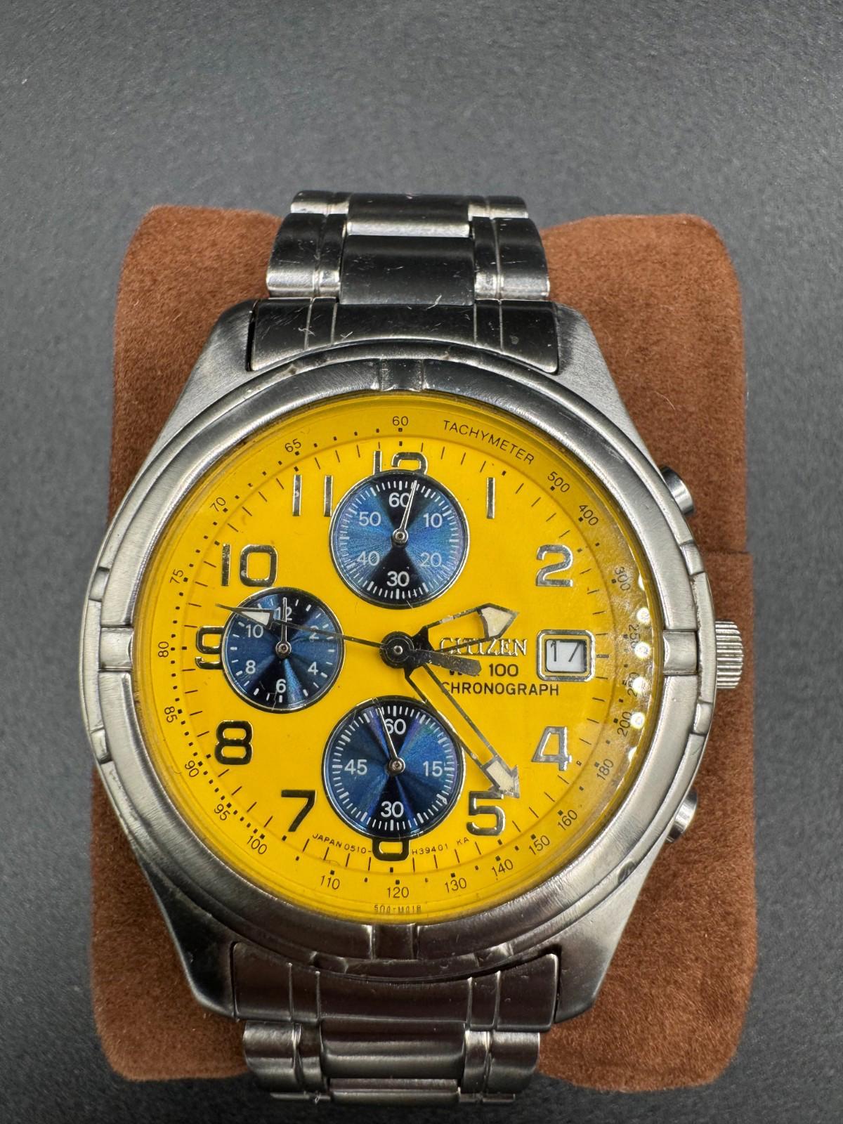 Citizen Mens Sport Chronograph Watch Yellow Panda Dial Date 38mm SS Bracelet WR