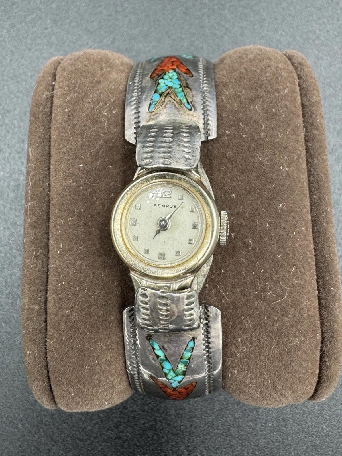 Vintage Navajo Sterling Silver Turquoise Coral Benrus Watch Cuff PK Hallmark Non