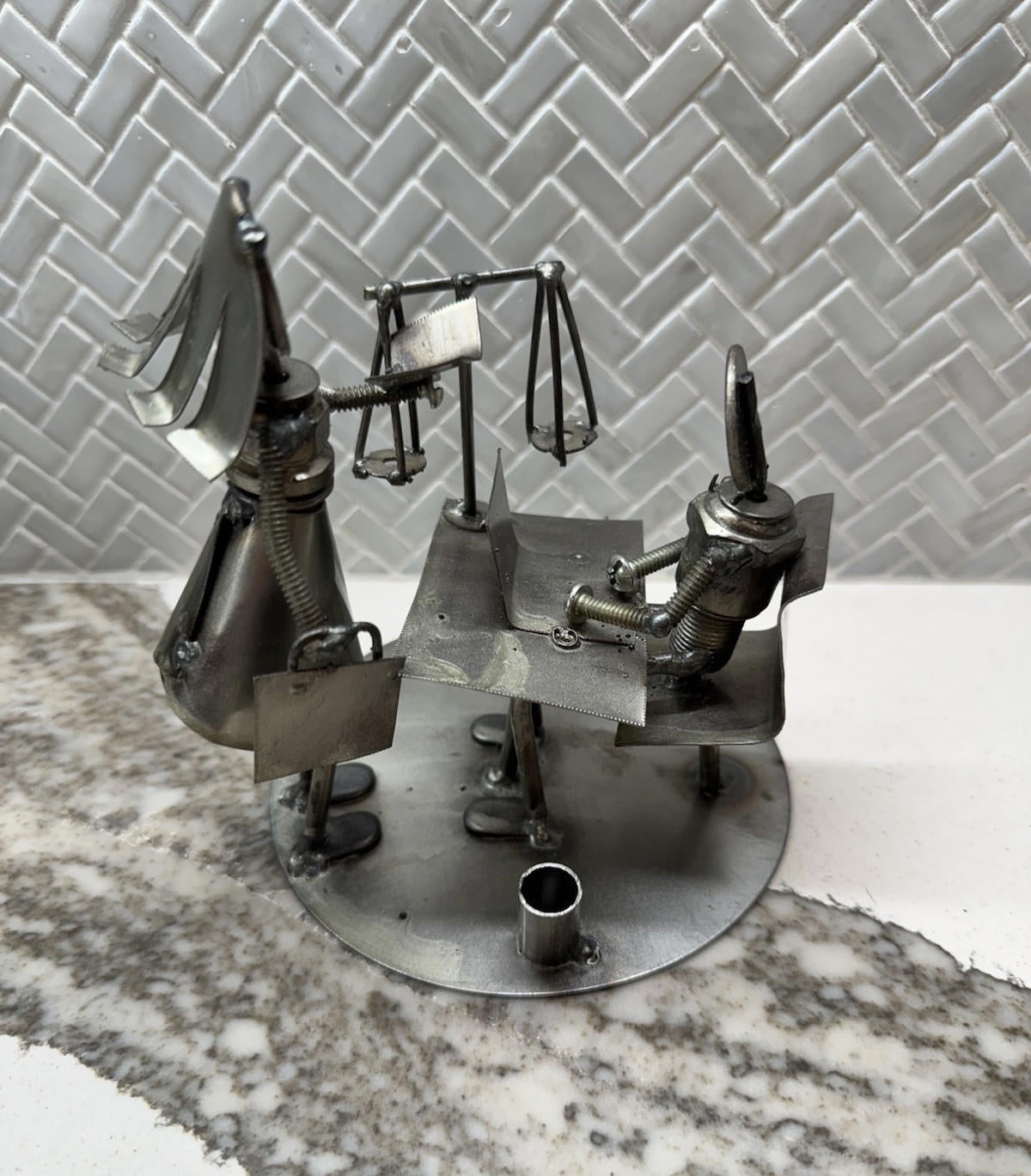Metal Sculpture Art Recycled Handcrafted Figure Rustic Buss.