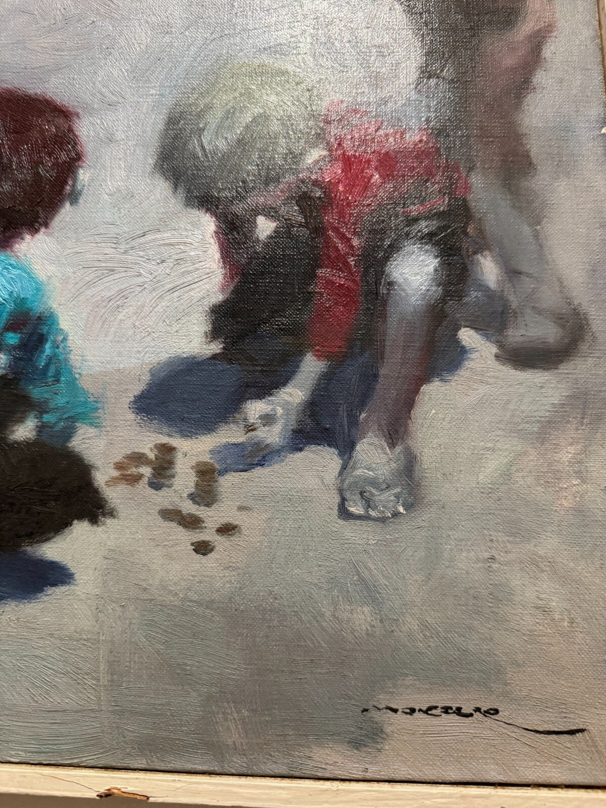 Marcello Signed Oil Painting Children Playing Coins Original Canvas Great Condit