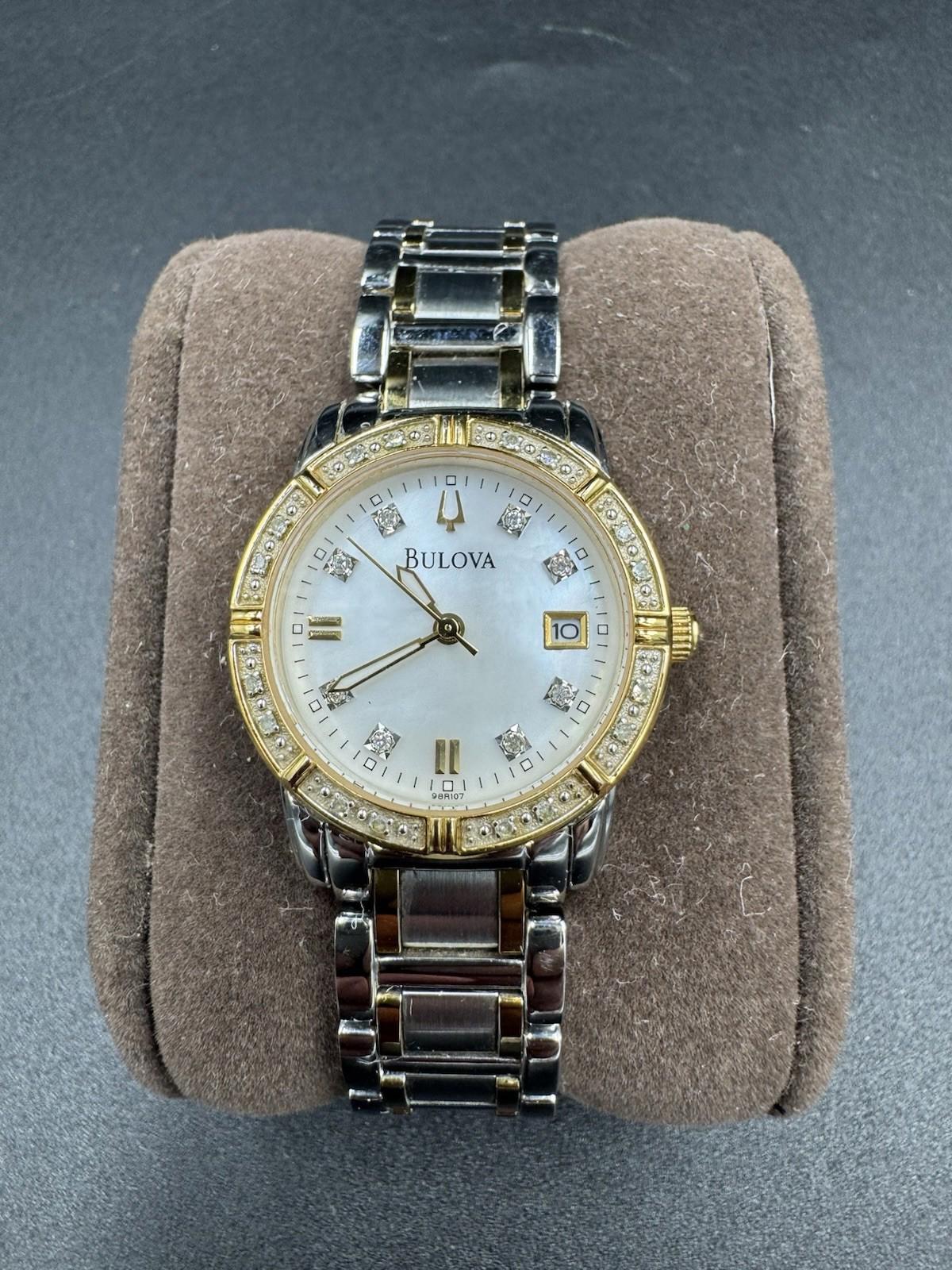 Bulova Watch Women 26mm Silver Gold Tone 98R107 MOP Diamond with New Battery  VG