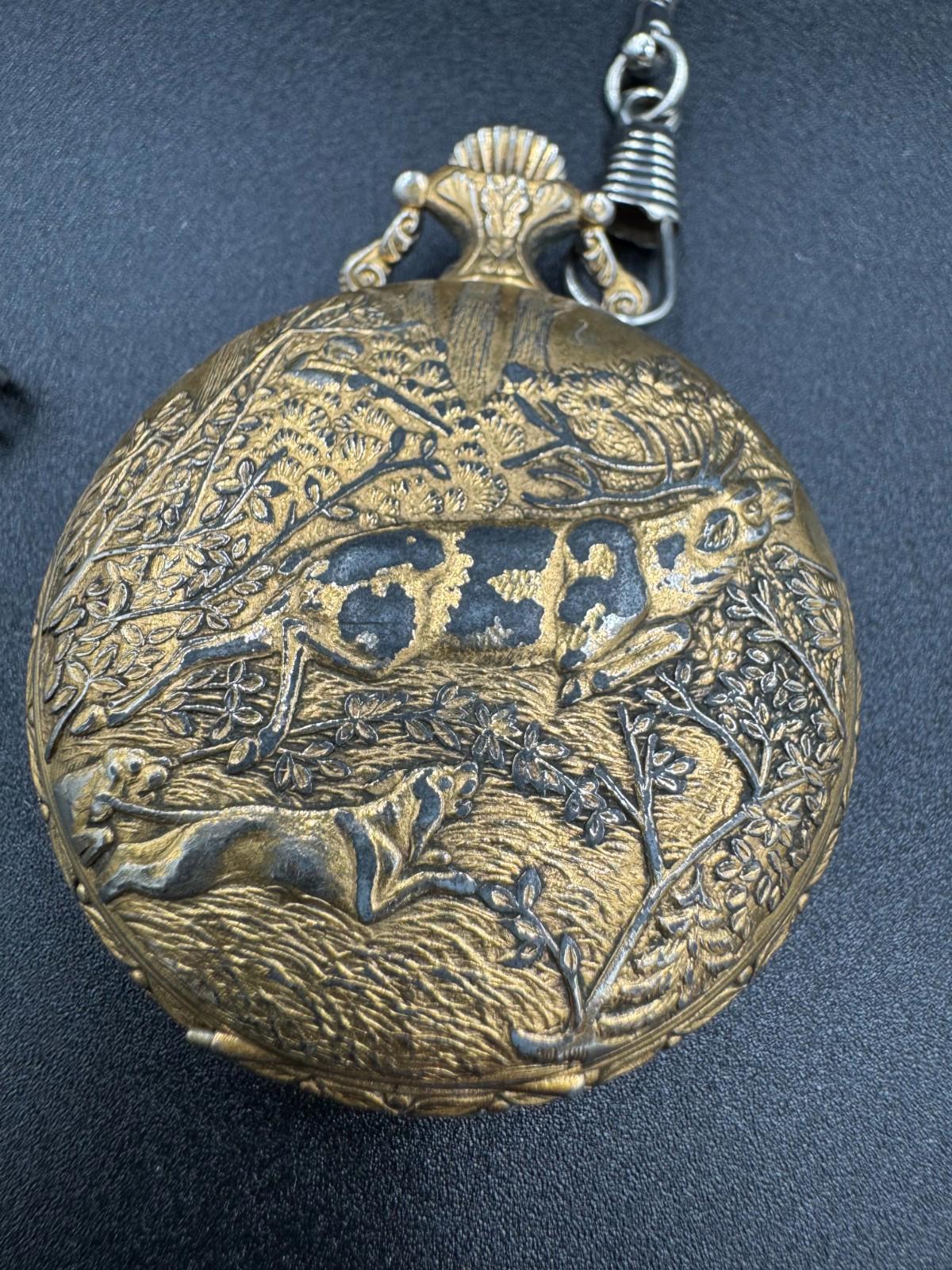 Vintage Majestime Swiss 17 Jewels Incabloc Deer Hunter Pocket Watch Chain To Dad