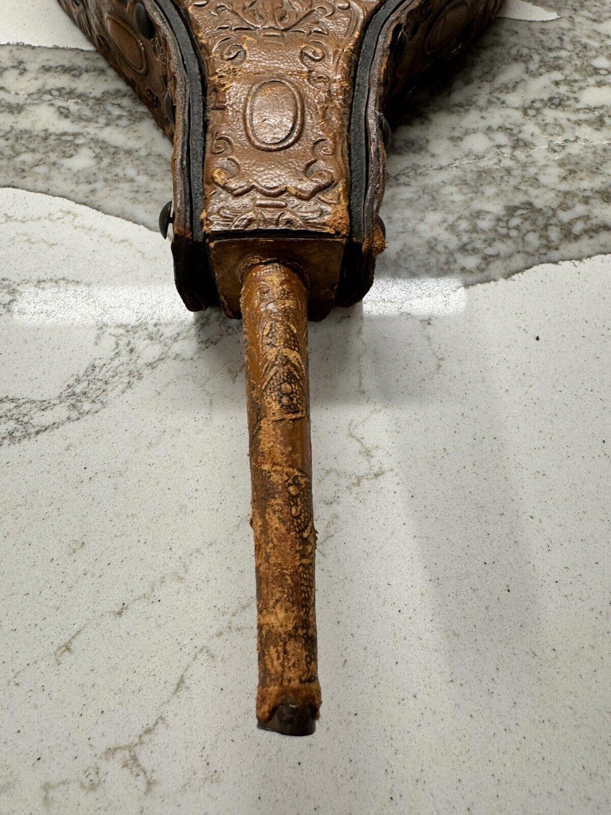 Antique Hand Tooled Leather Fireplace Bellow Wood Vintage