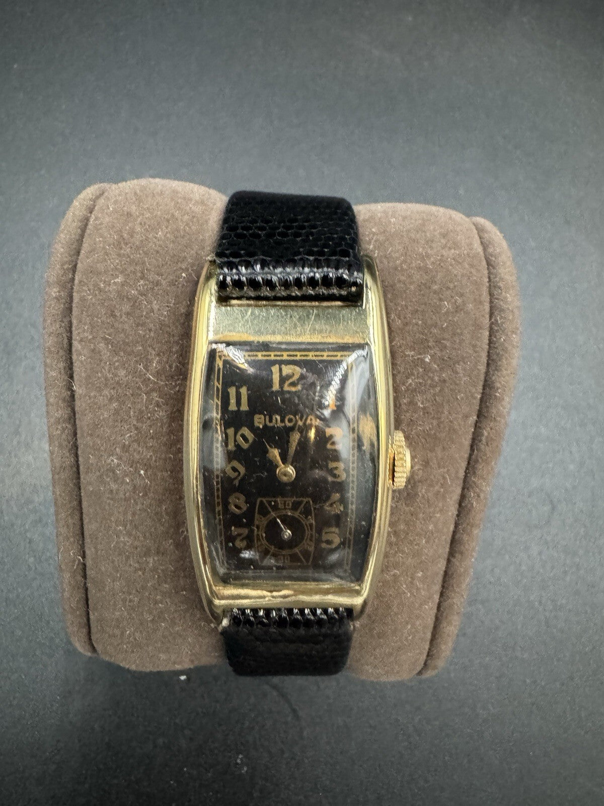 Vintage 1930s Bulova Tank Watch Black Dial Gold Numerals B-10K Rolled Gold Plate