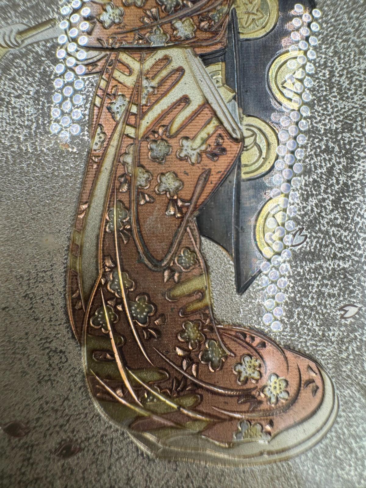 Vintage Japanese Damascene Geisha Plaque Real Silver Gold Inlay Framed K24 Japan