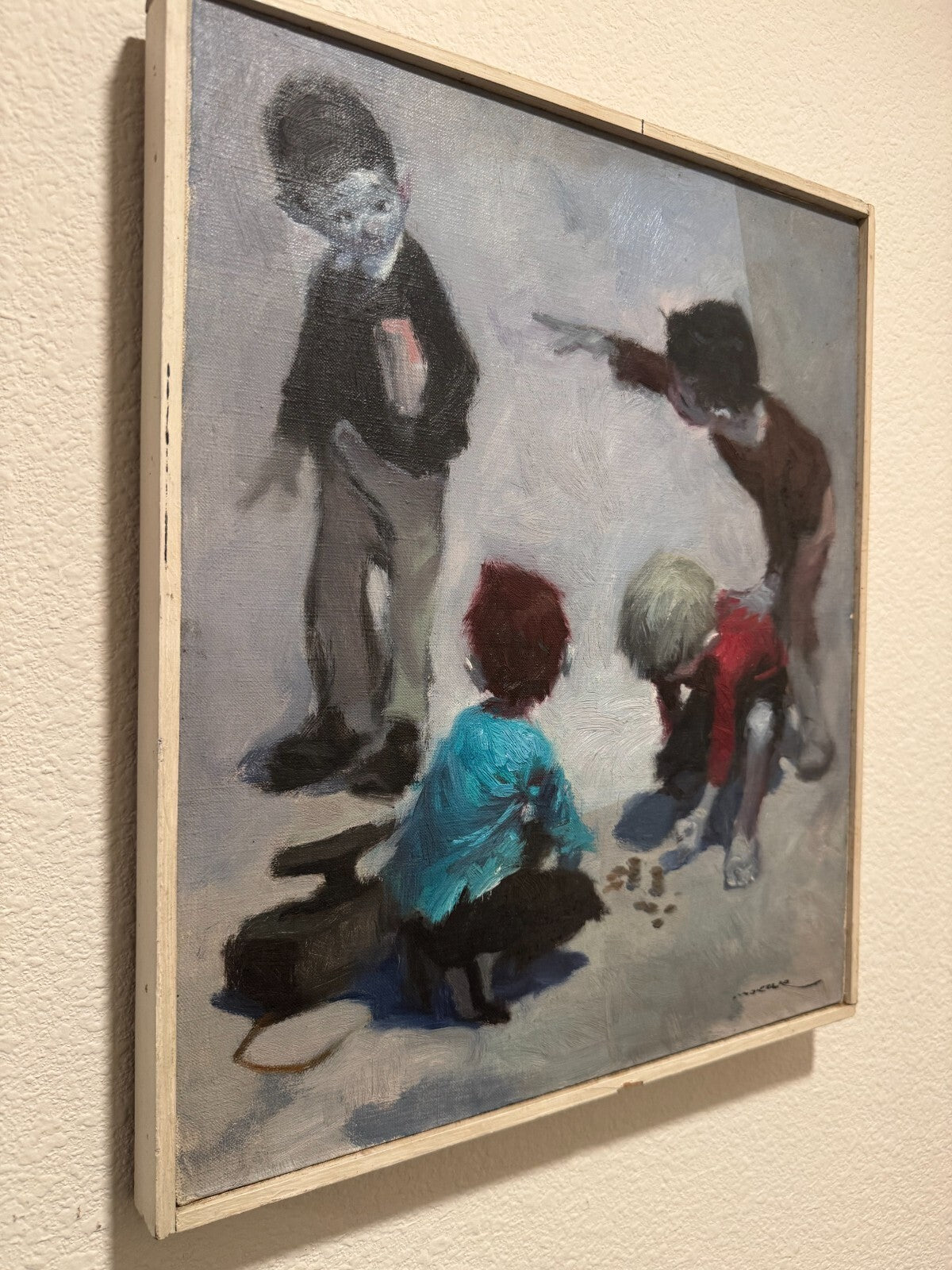 Marcello Signed Oil Painting Children Playing Coins Original Canvas Great Condit