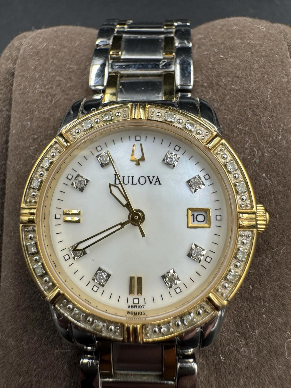 Bulova Watch Women 26mm Silver Gold Tone 98R107 MOP Diamond with New Battery  VG