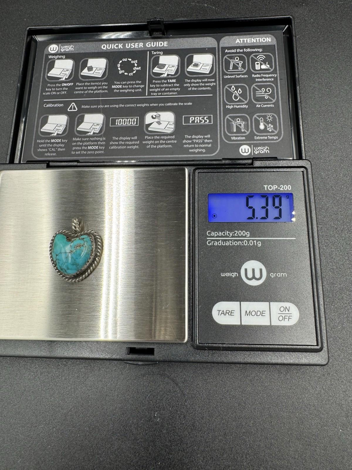 Vintage Navajo Turquoise Heart Pendant Silver Marked AG 5.39g See Condition VG+
