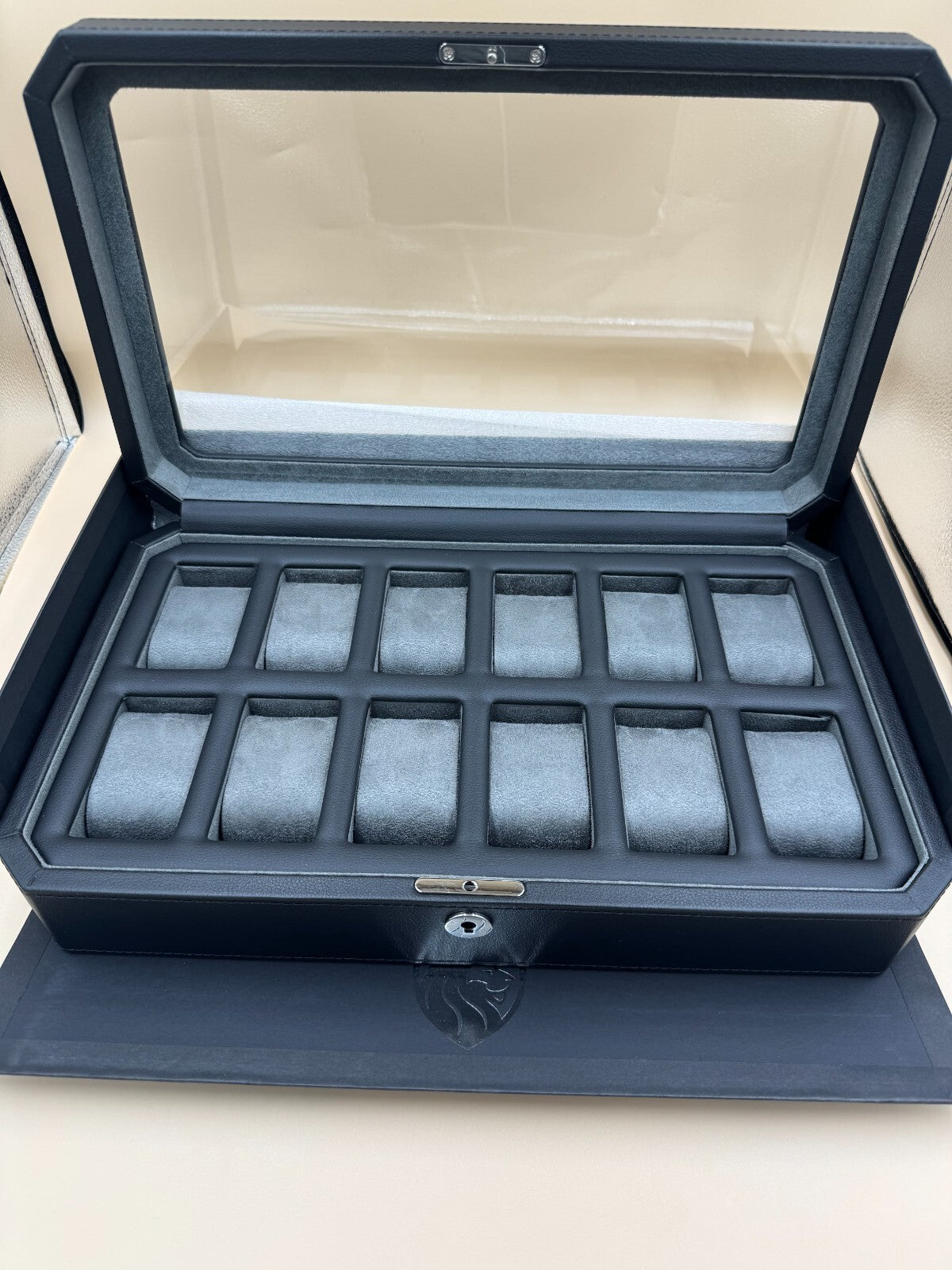 ROTHWELL 12 Slot Watch Box Black / Grey Locking Glass Top Display Case - Near Mi