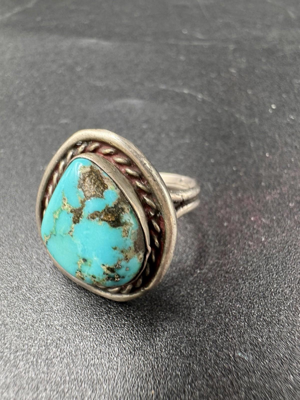 Vintage Navajo Turquoise Ring Sterling Silver Natural Stone Matrix Twisted Rope