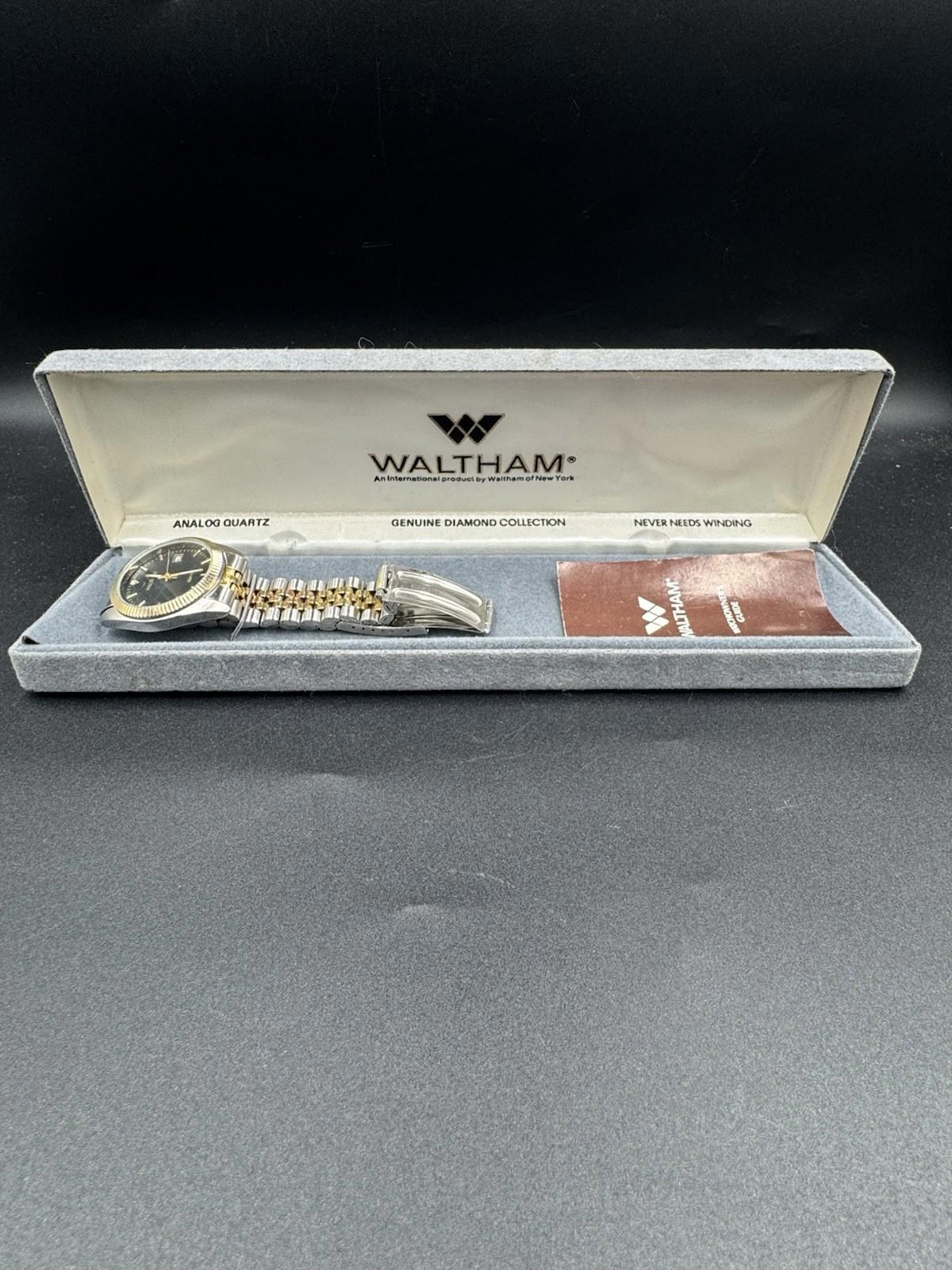 Vtg. Waltham Quartz 35mm Date Watch on Jubilee Bracelet Ref. WTH07 Running w Box