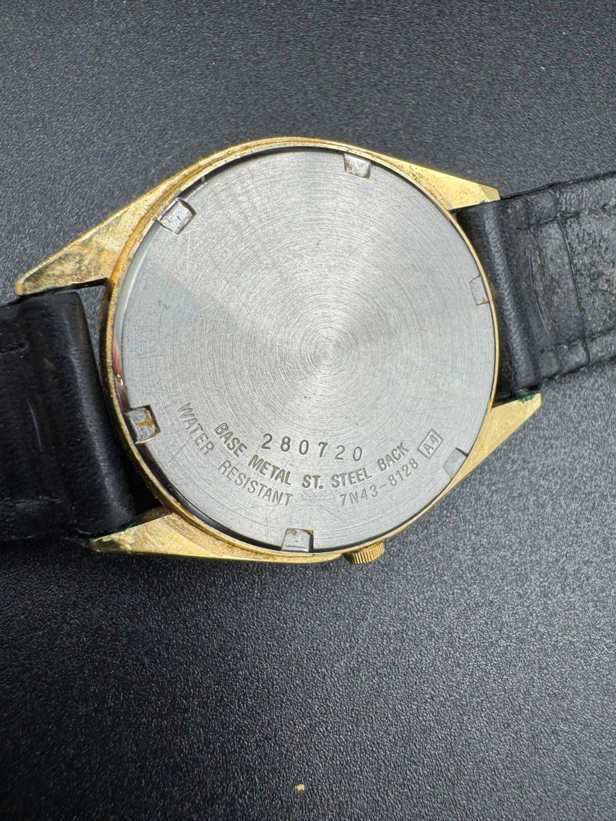 Seiko Quartz Vintage Black Dial Gold Tone Case 34mm 7N43-8128 - Needs Servicing