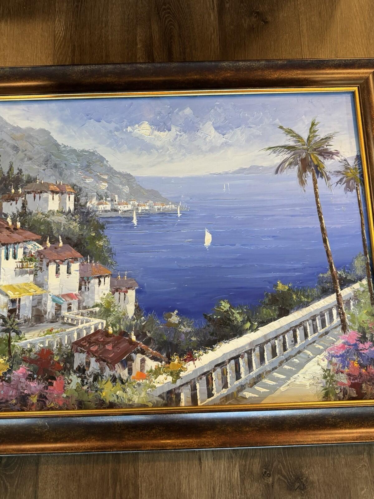 Original Signed Oil Painting Mediterranean Coastal Village Seascape Framed - VG+