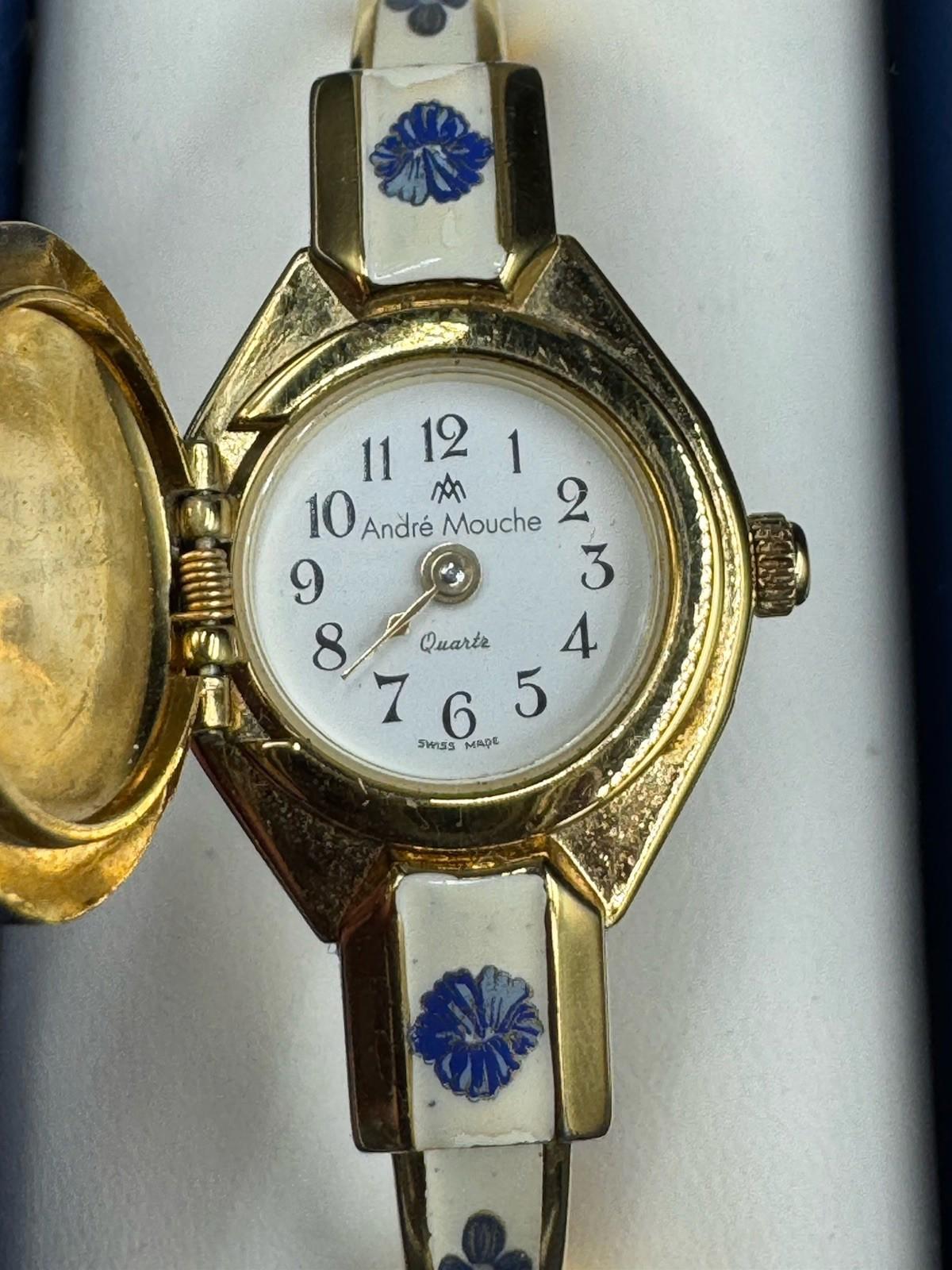Vintage Andre Mouche Gold Tone Peekaboo Watch White Enamel Blue Flowers with box
