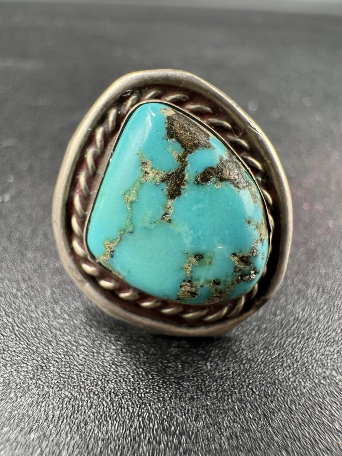 Vintage Navajo Turquoise Ring Sterling Silver Natural Stone Matrix Twisted Rope