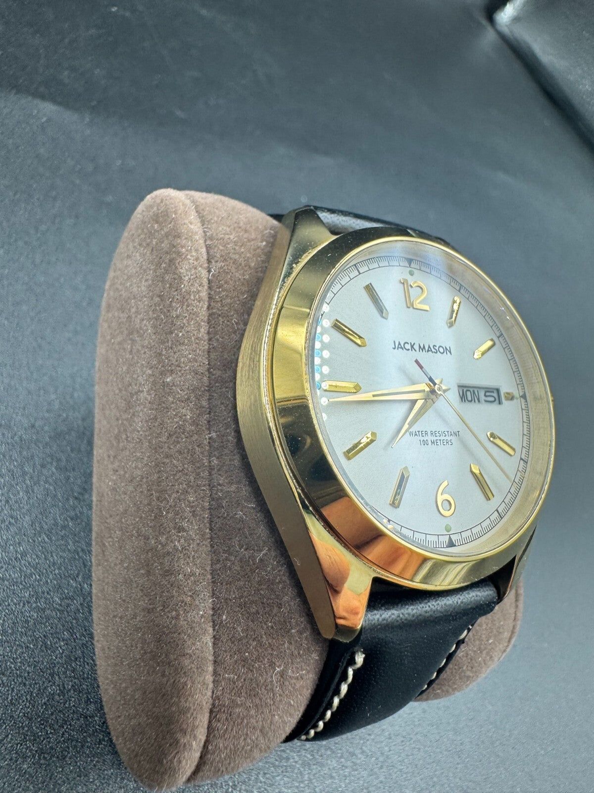 Jack Mason Canton Day-Date Quartz Watch (Gold PVD) with Brown Leather Strap VG+