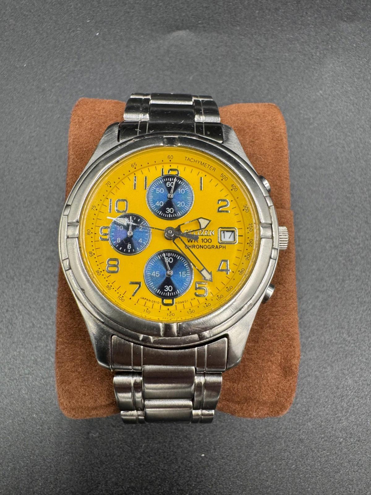 Citizen Mens Sport Chronograph Watch Yellow Panda Dial Date 38mm SS Bracelet WR