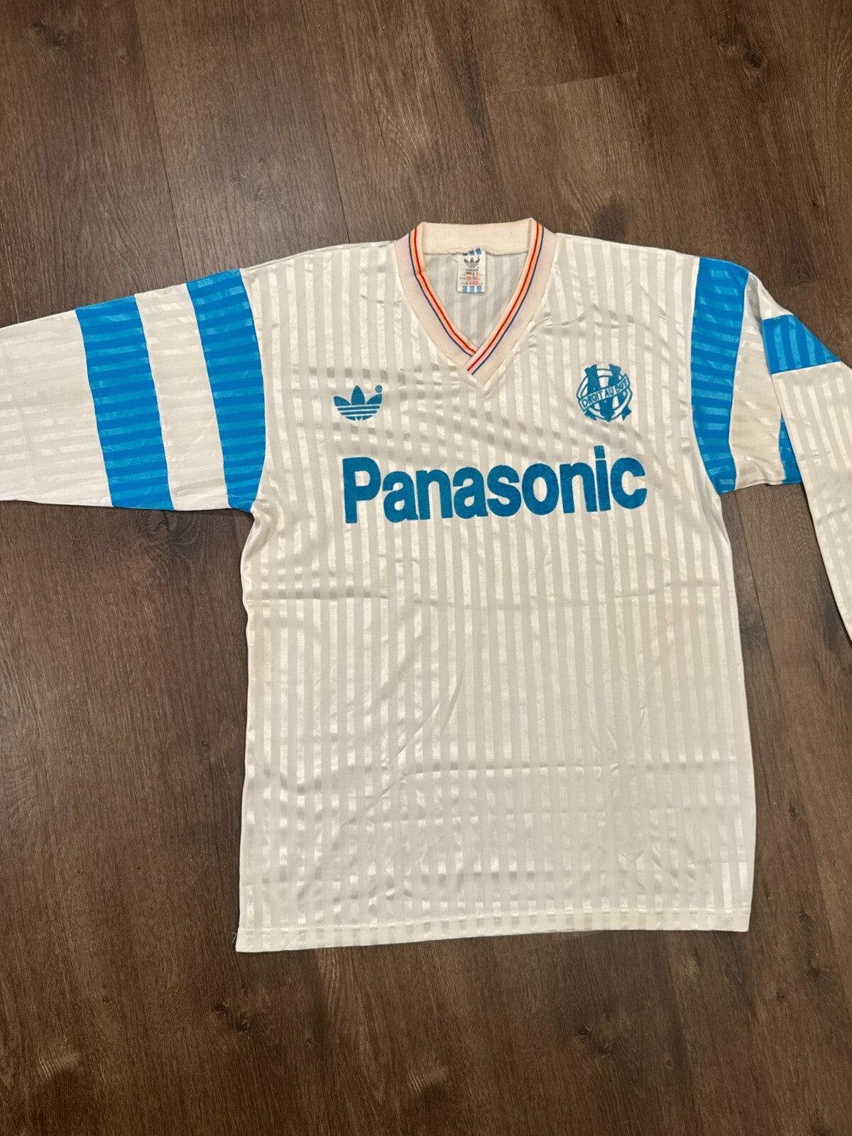 Vintage 1990 Home Kit Olympique Marseille Long Sleeve Football Jersey Large Rare