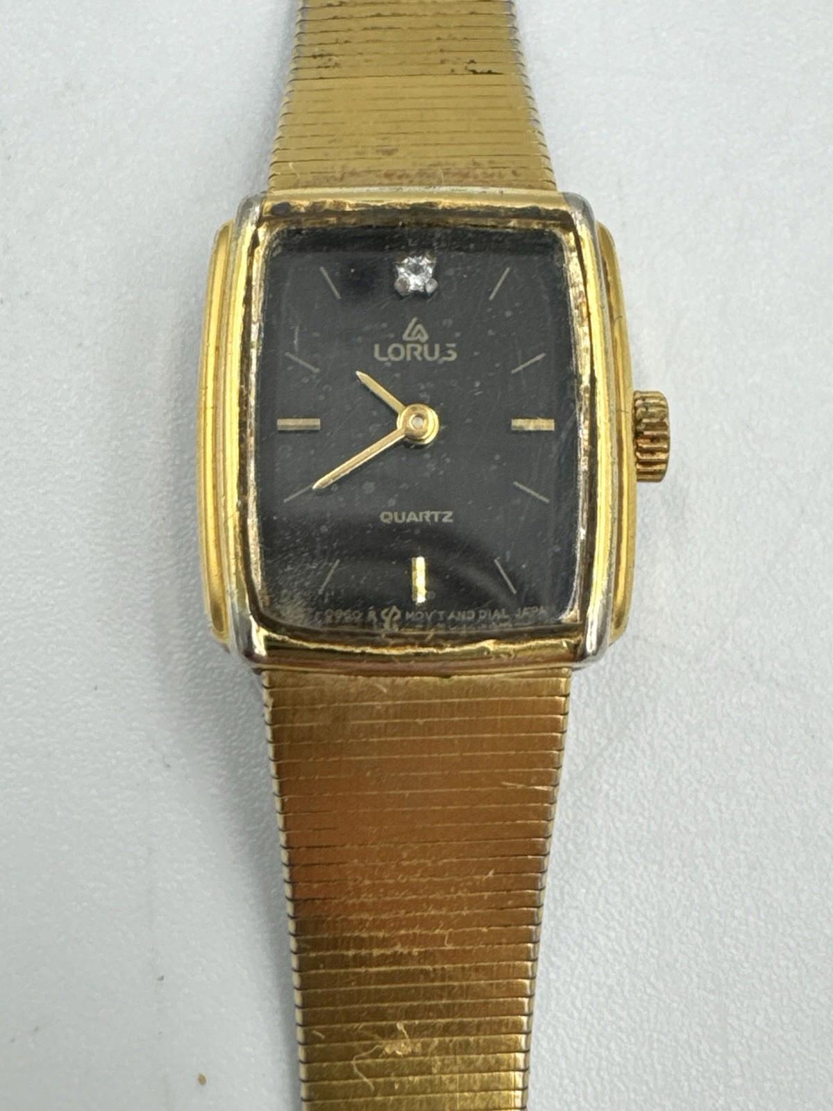 Vtg Lorus Watch Women V232-5490 16mm Gold Tone Black Dial