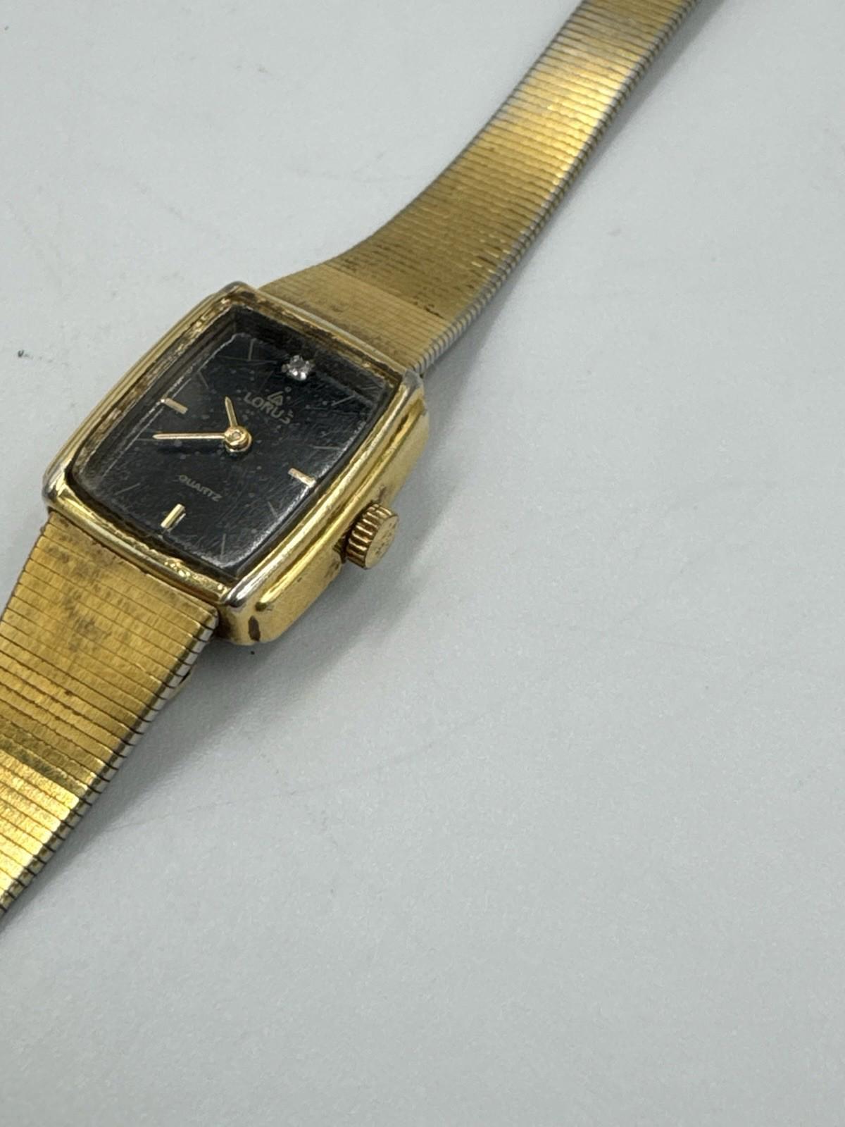 Vtg Lorus Watch Women V232-5490 16mm Gold Tone Black Dial