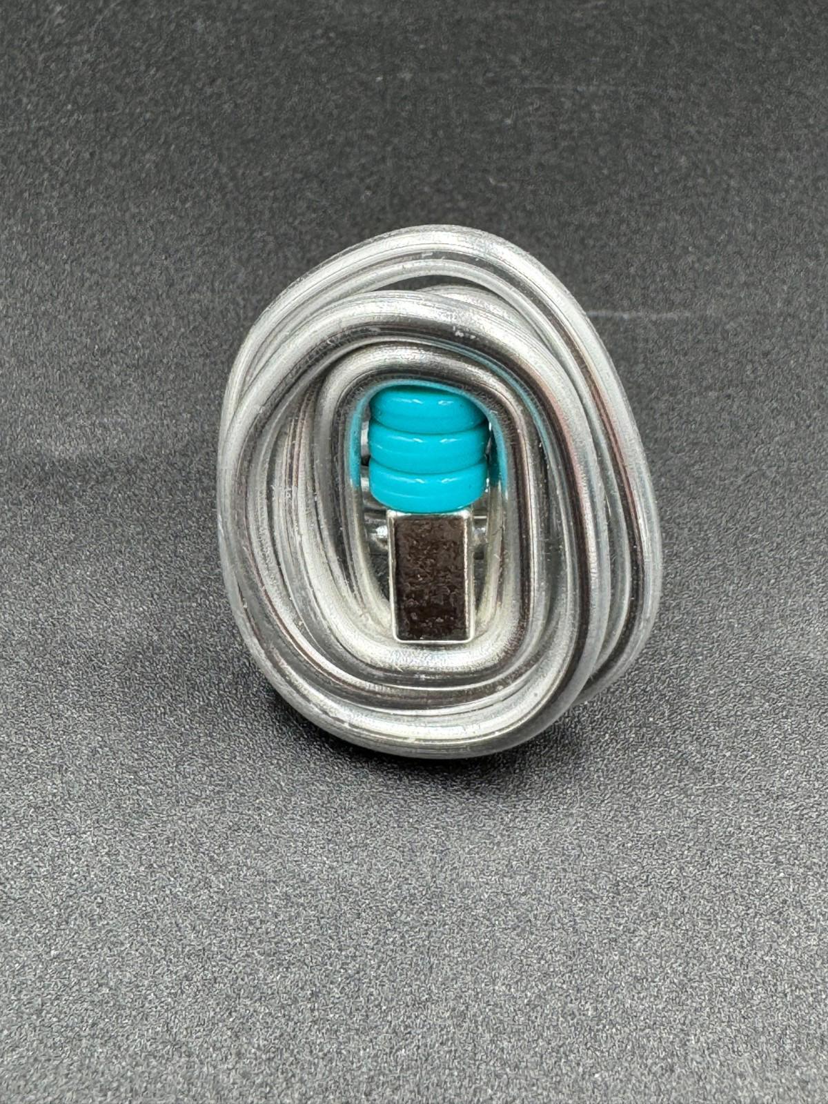 Handmade Bauhaus Inspired Aluminum Puzzle Ring Argentine Designer Teal Disc NM+