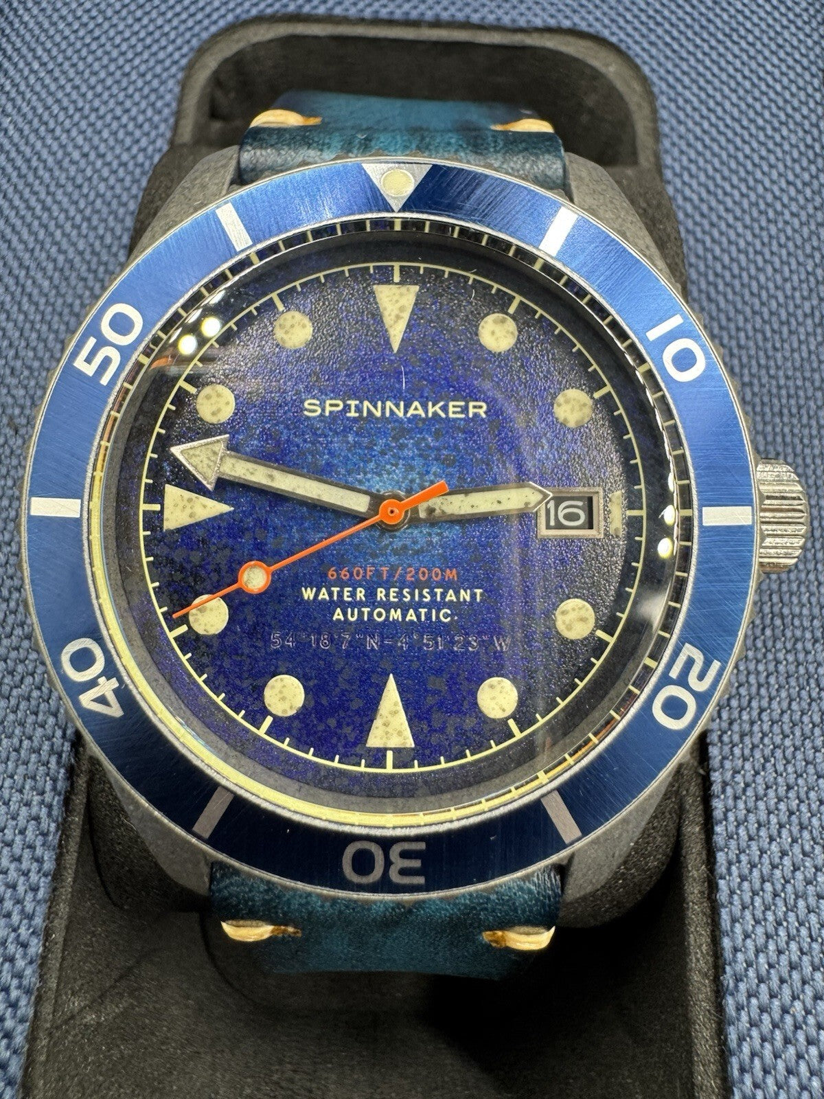 Spinnaker Wreck Auto Diver Oxidized Blue Leather Strap 44mm Watch Near Mint Cond