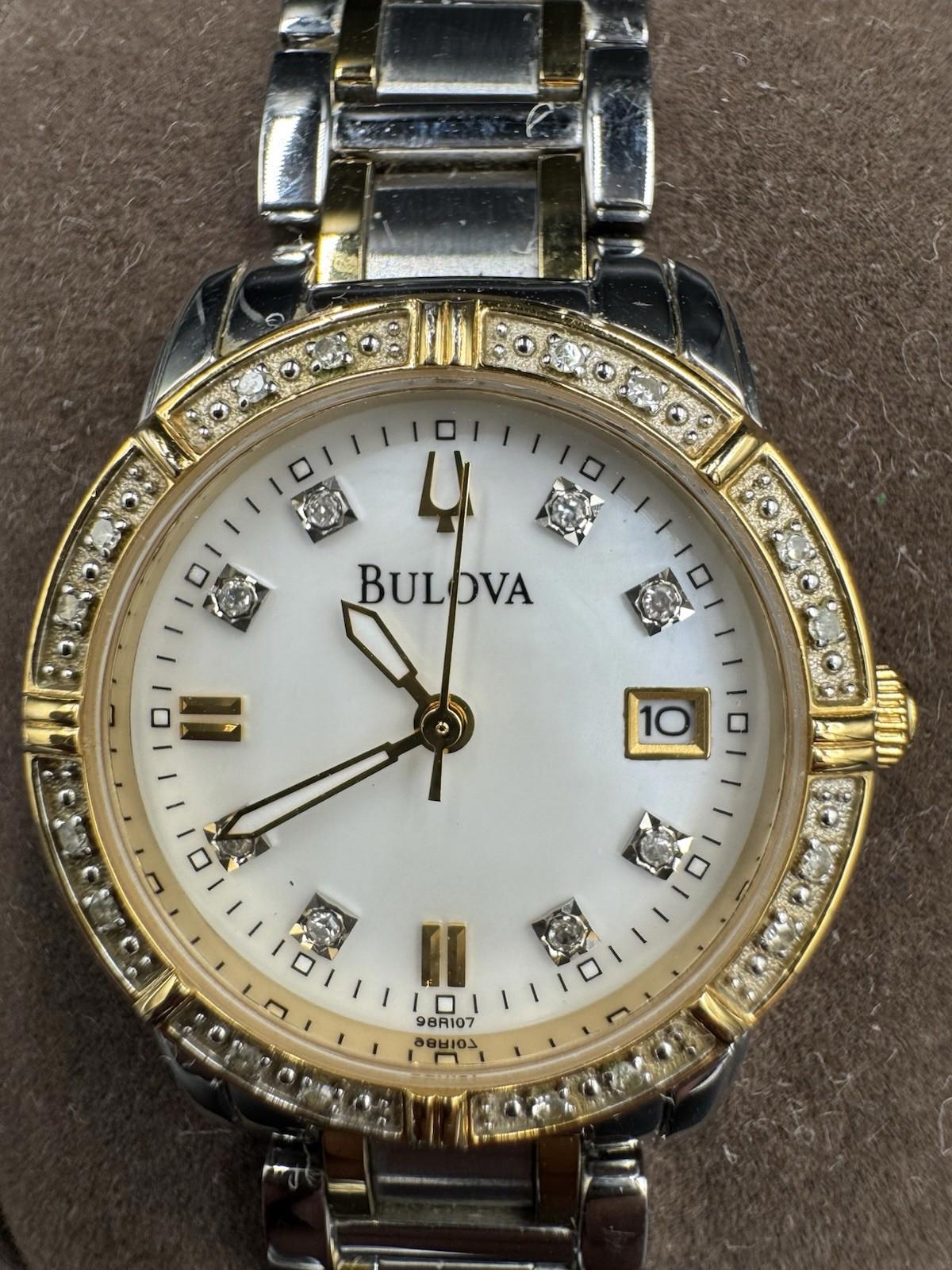 Bulova Watch Women 26mm Silver Gold Tone 98R107 MOP Diamond with New Battery  VG