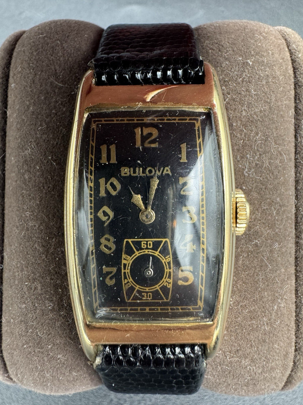 Vintage 1930s Bulova Tank Watch Black Dial Gold Numerals B-10K Rolled Gold Plate