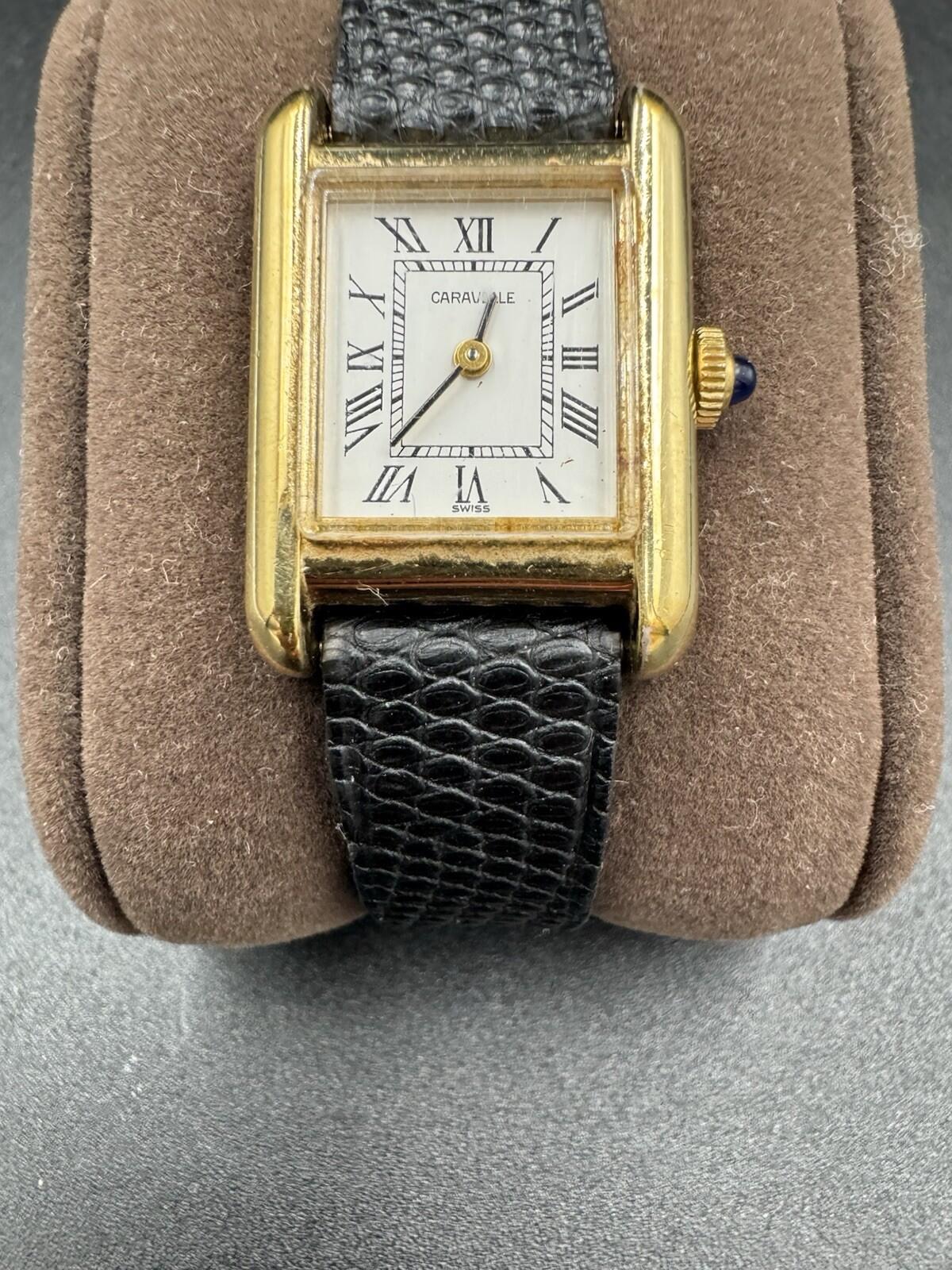 Caravelle Women's Tank Rectangle Watch Gold Tone Roman Numeral Dial Manual Wind