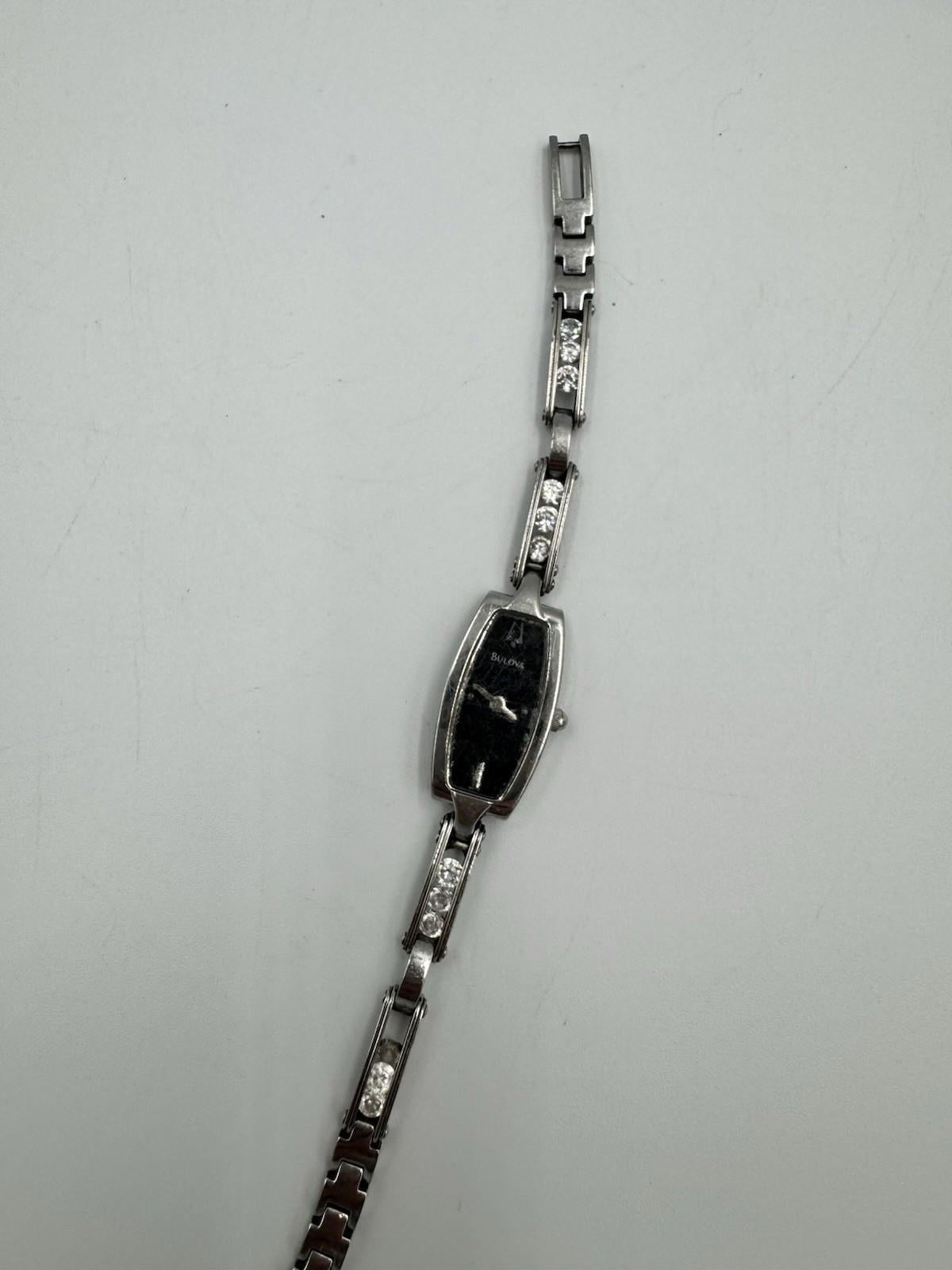 Bulova Womens Floating Crystals Black Dial Silver Stainless
