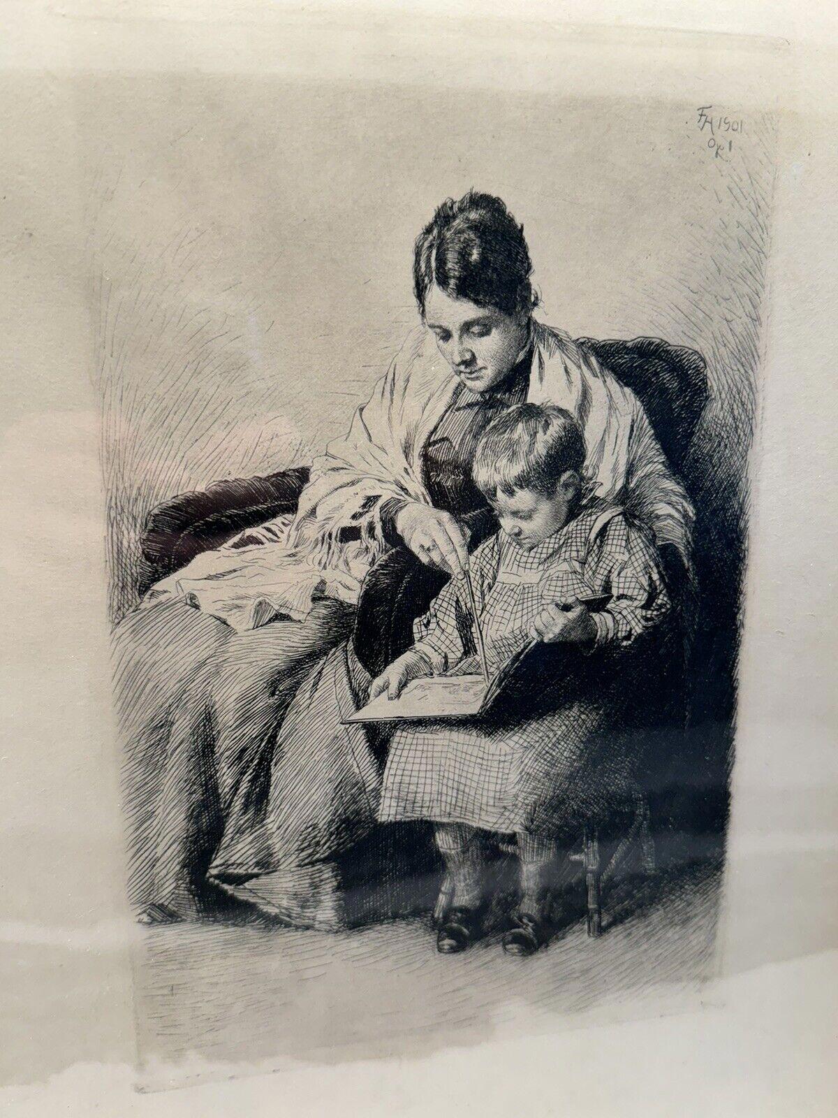 Learning to Read Frants Henningsen Danish Etching 1901
