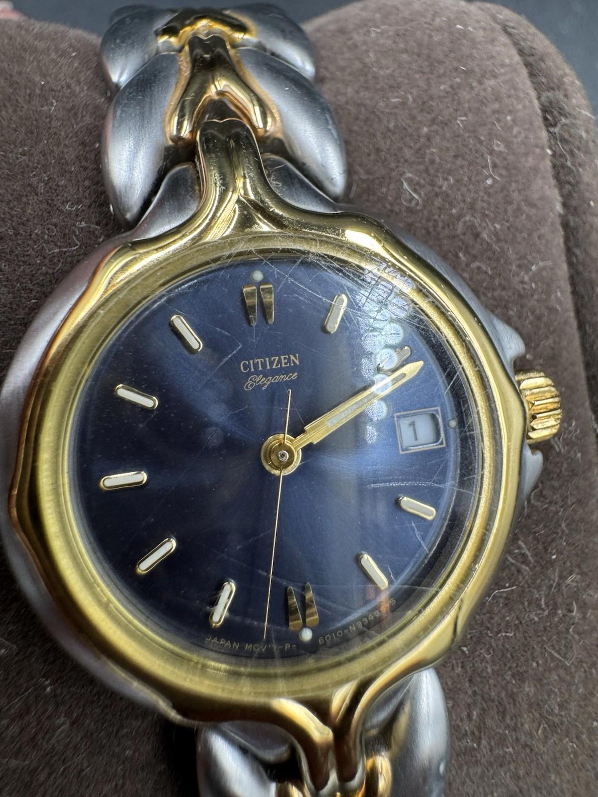 Vintage Citizen Elegance Ladies Two-Tone Quartz Watch Blue Dial GN-0-S 1990s VG
