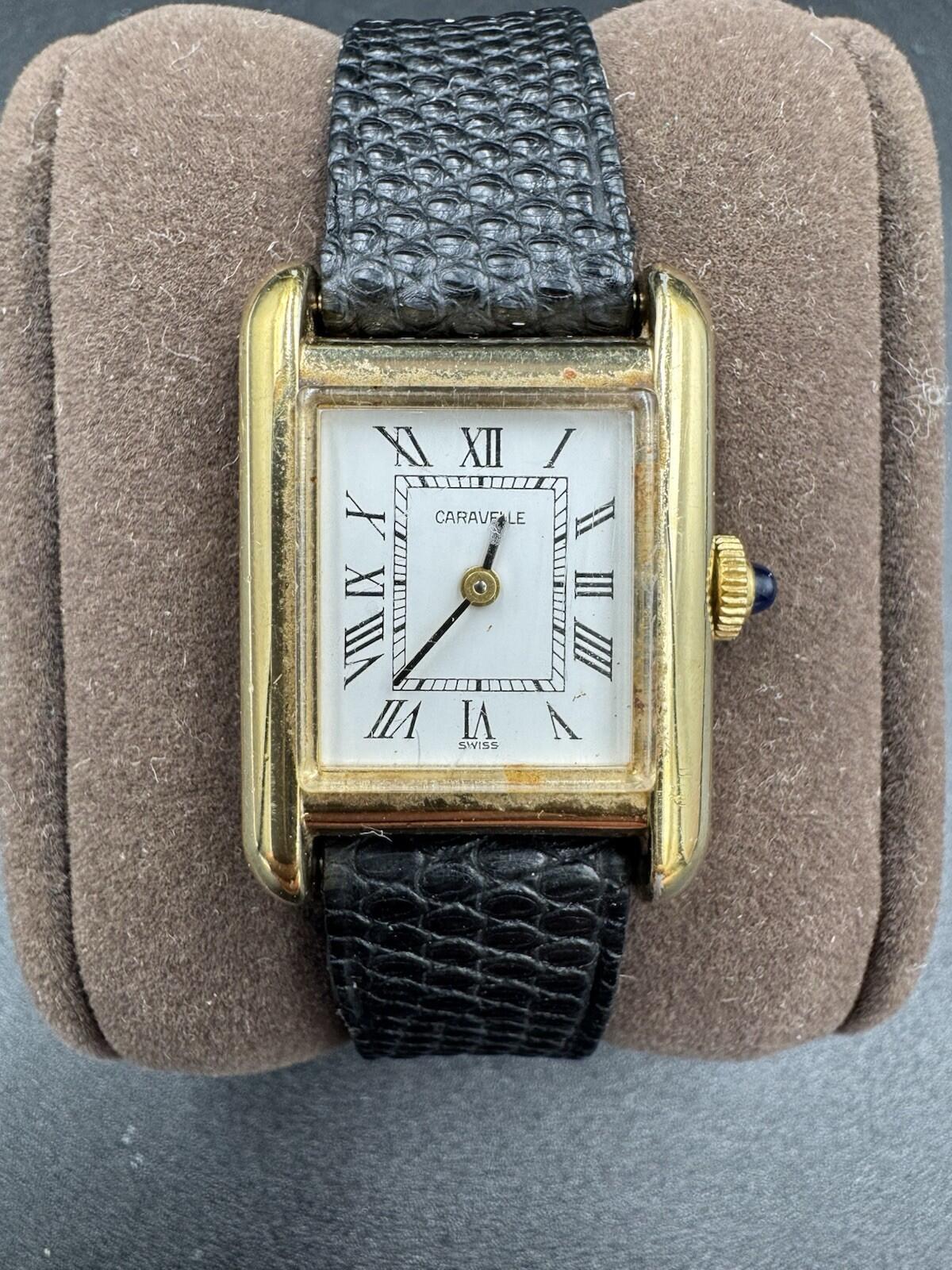 Caravelle Women's Tank Rectangle Watch Gold Tone Roman Numeral Dial Manual Wind