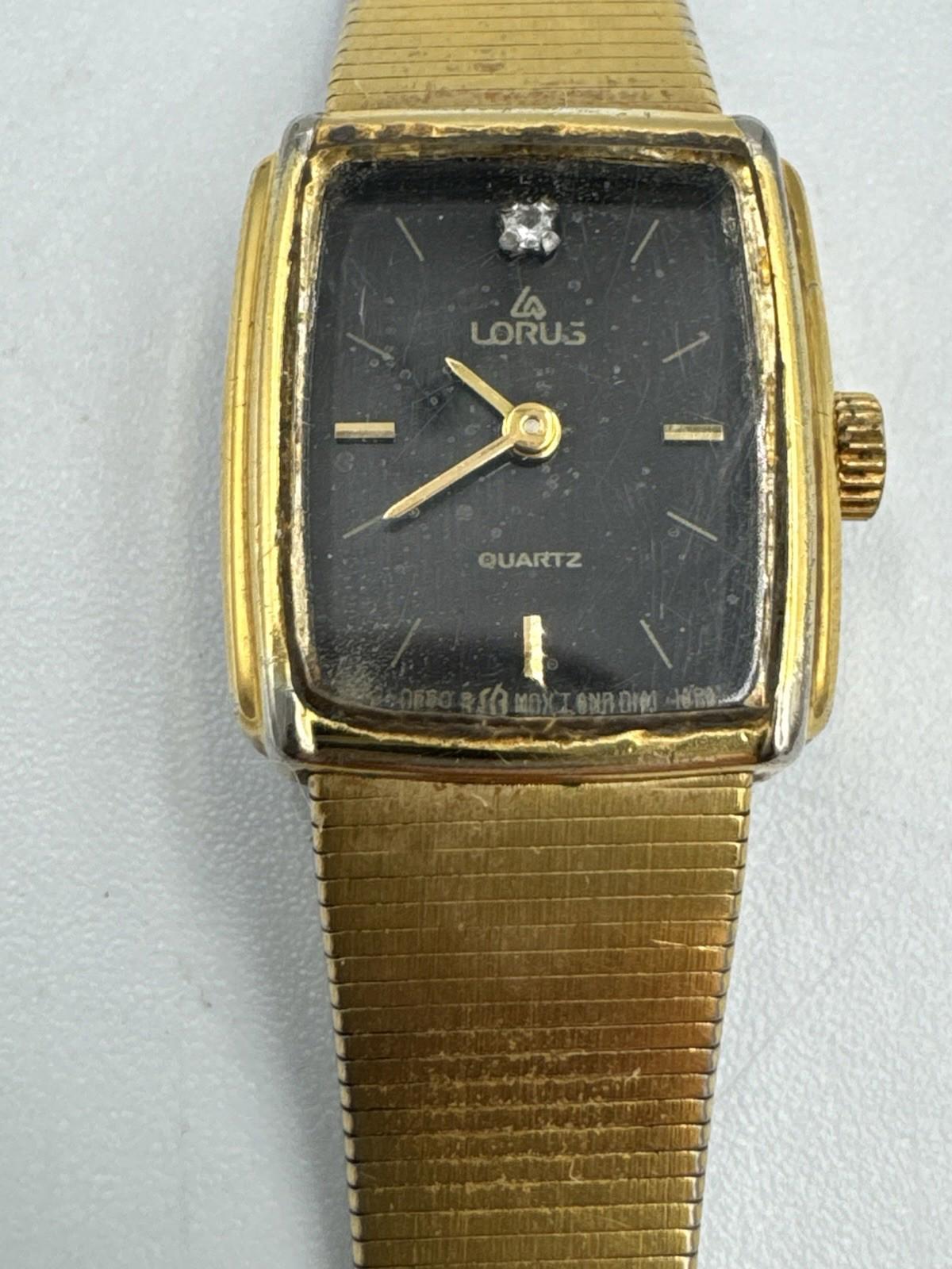 Vtg Lorus Watch Women V232-5490 16mm Gold Tone Black Dial