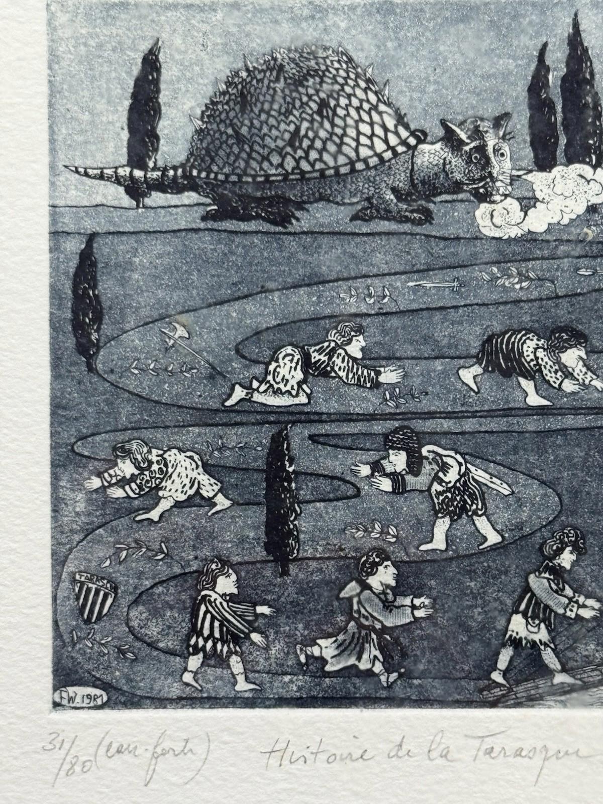 Signed Paul Comolli ? Histoire de la Tarasque Etching Print 31/80 1981 Framed VG