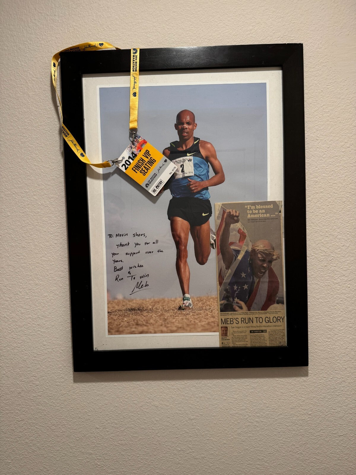 Meb Keflezighi Signed Photo Movin Shoes 2014 Boston VIP Display with Lineyard VG