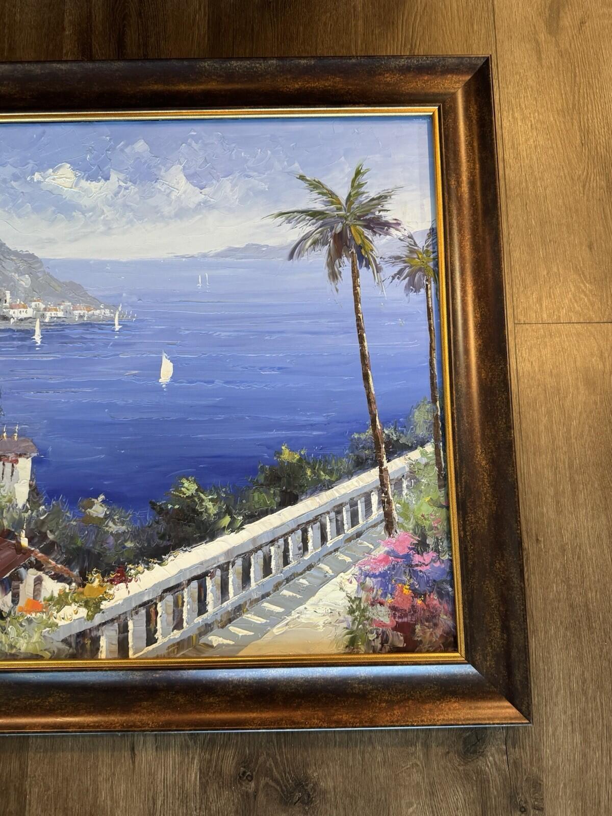 Original Signed Oil Painting Mediterranean Coastal Village Seascape Framed - VG+
