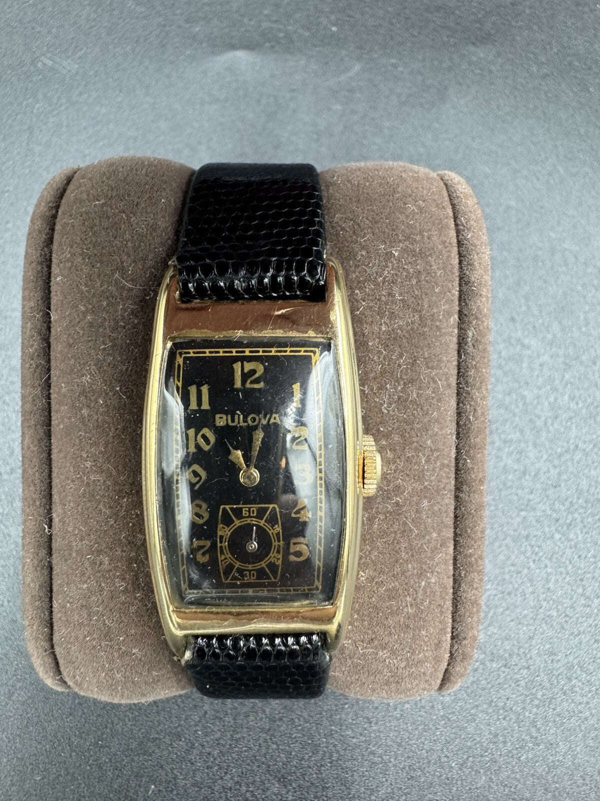 Vintage 1930s Bulova Tank Watch Black Dial Gold Numerals B-10K Rolled Gold Plate
