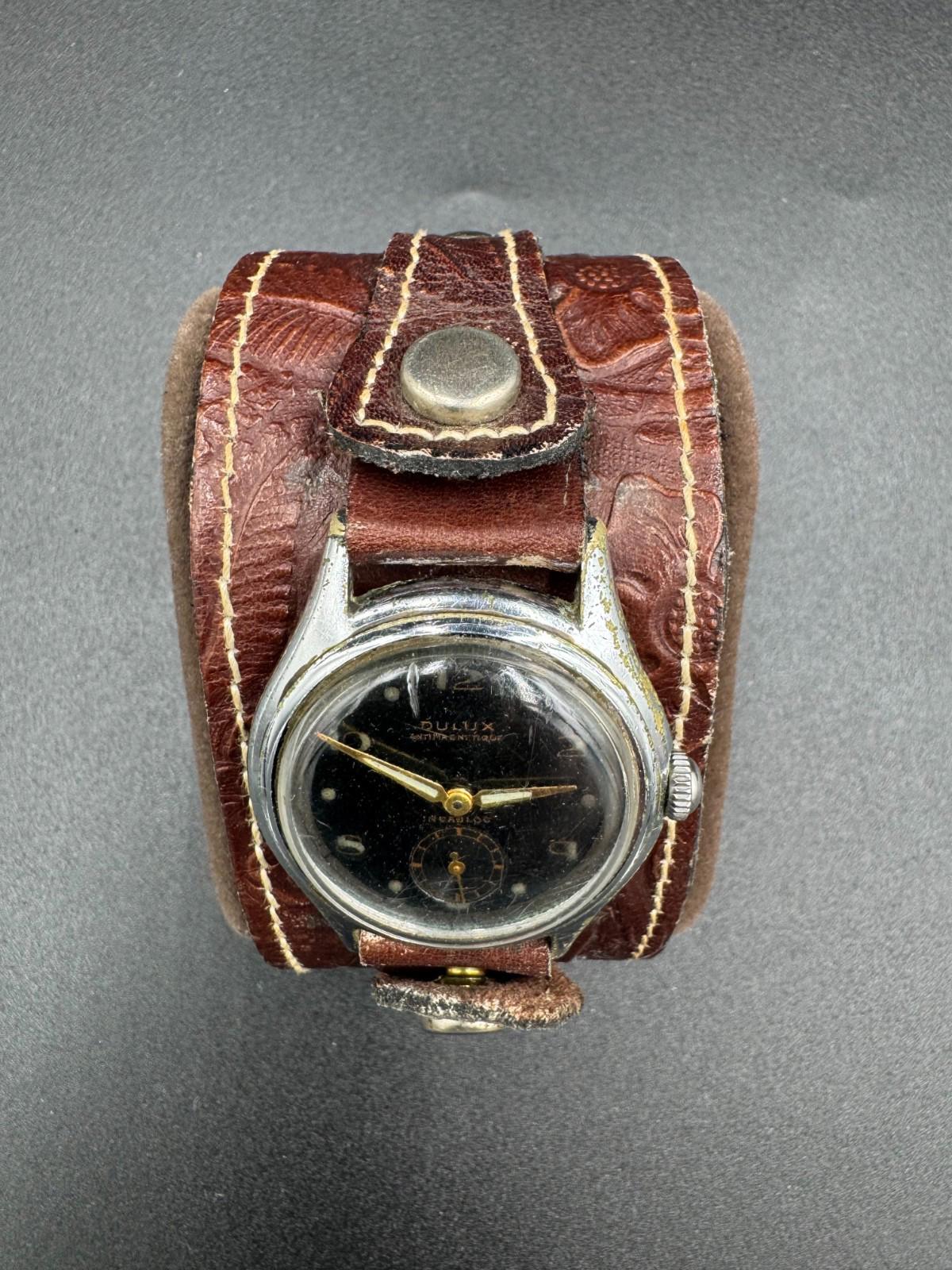 Vintage 1950s Dulux Antimagnetique Incabloc Black Gilt Dial Rau Fastener Bund St