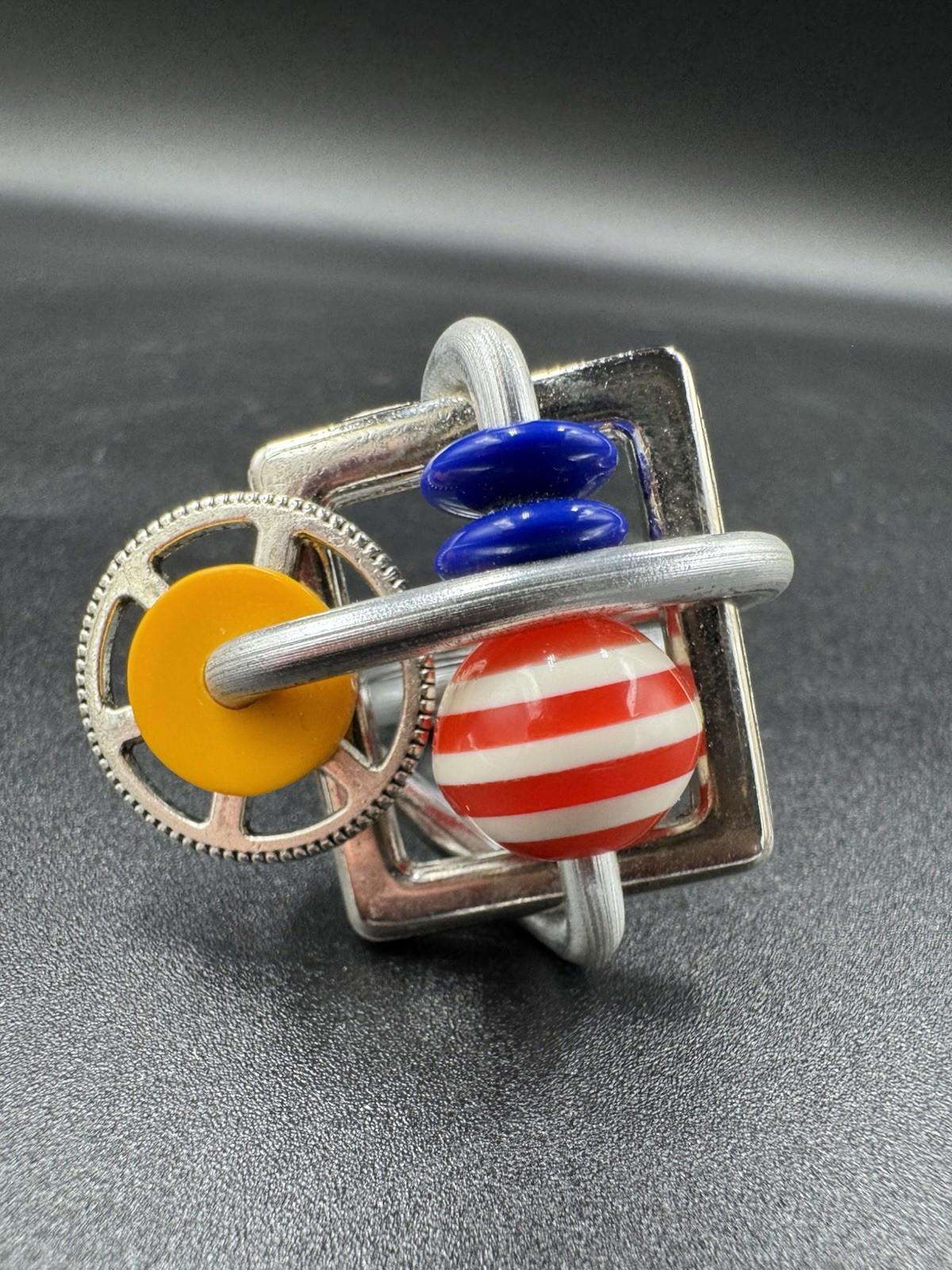 Handmade Bauhaus Inspired Aluminum Puzzle Ring Argentine Designer Striped Bead M