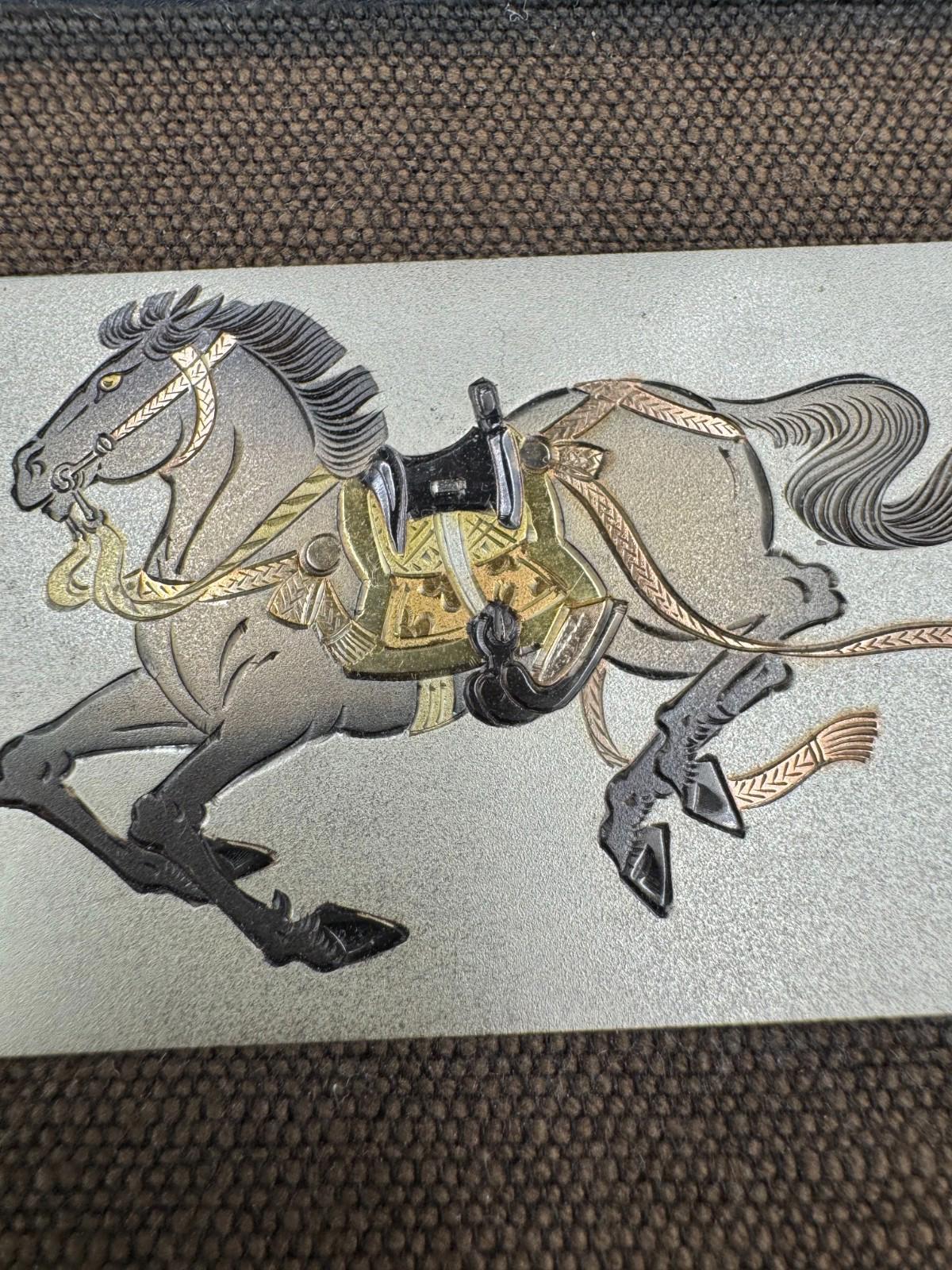 Vintage Japanese Damascene Horse Rider Plaque Silver Gold Inlay Framed K24 Japan