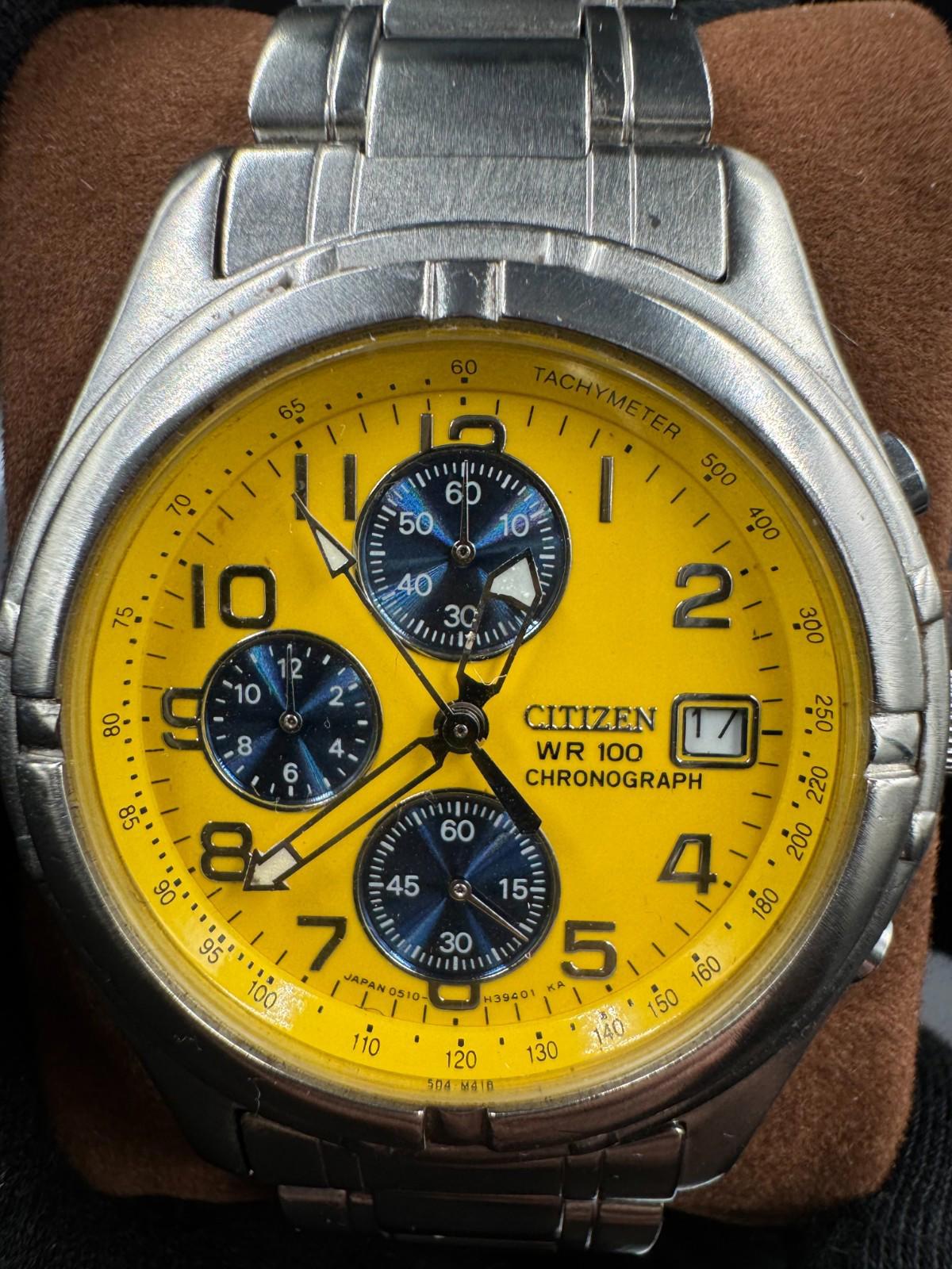Citizen Mens Sport Chronograph Watch Yellow Panda Dial Date 38mm SS Bracelet WR