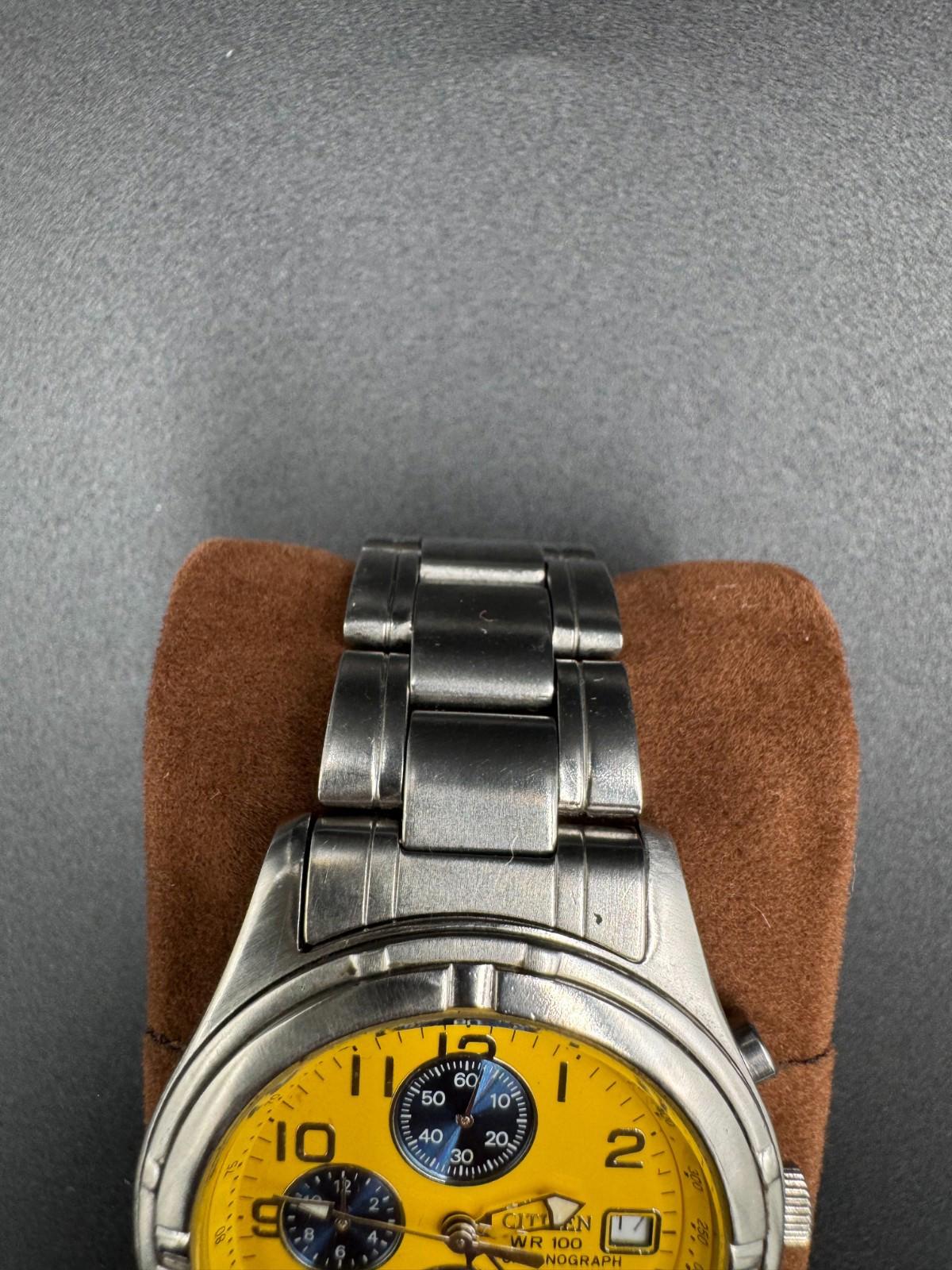 Citizen Mens Sport Chronograph Watch Yellow Panda Dial Date 38mm SS Bracelet WR