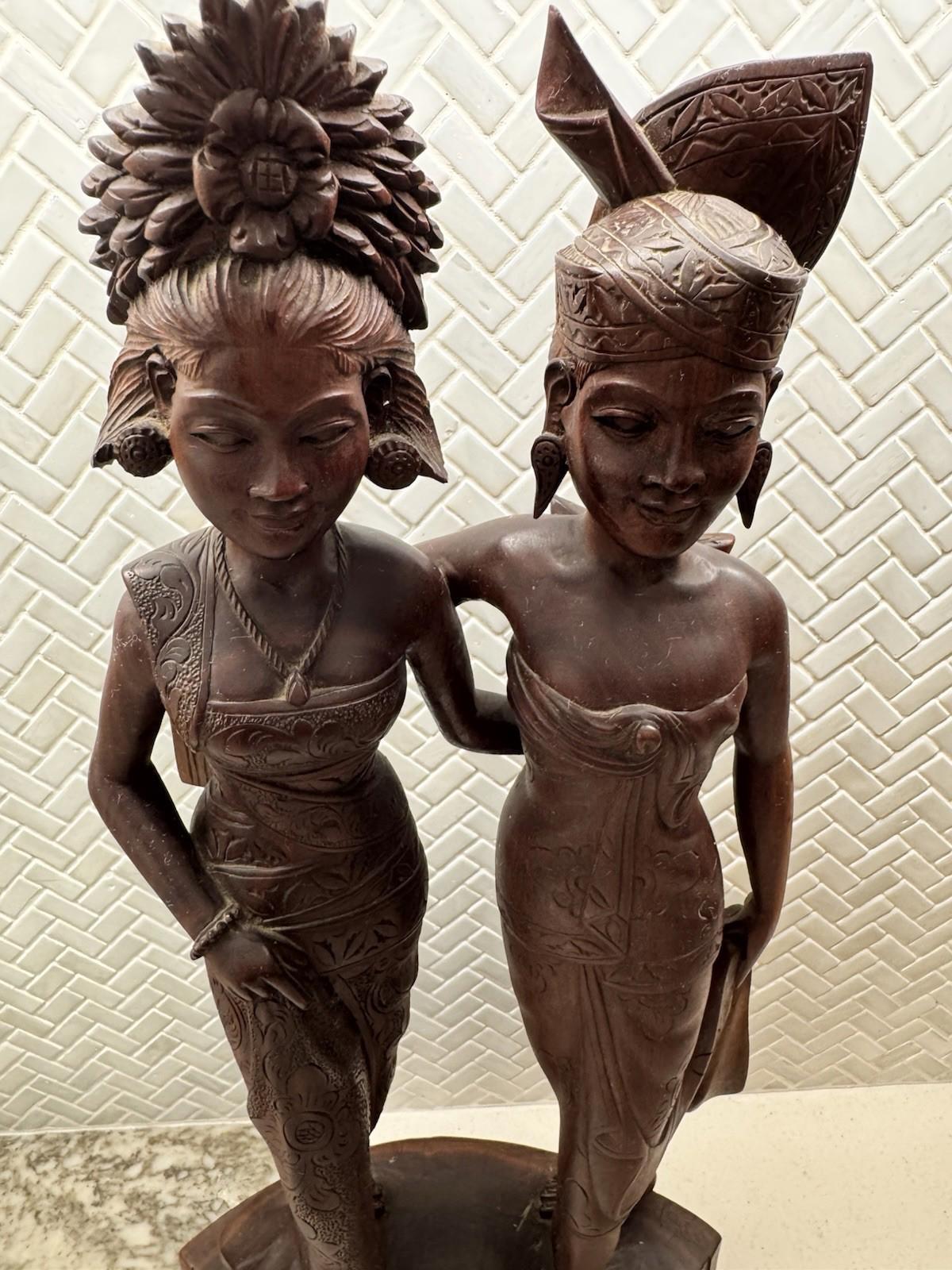 Vintage BALI WOMANS Hand Carved WOOD Sculpture Couple Statue