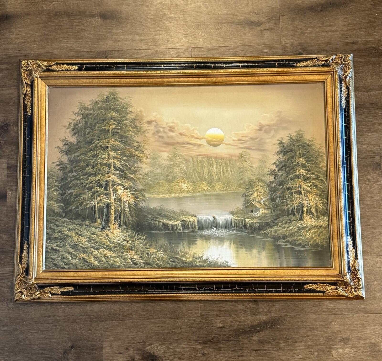 Original Signed “Capri” Oil Painting Forest Lake Cabin Waterfall Sunset Framed G