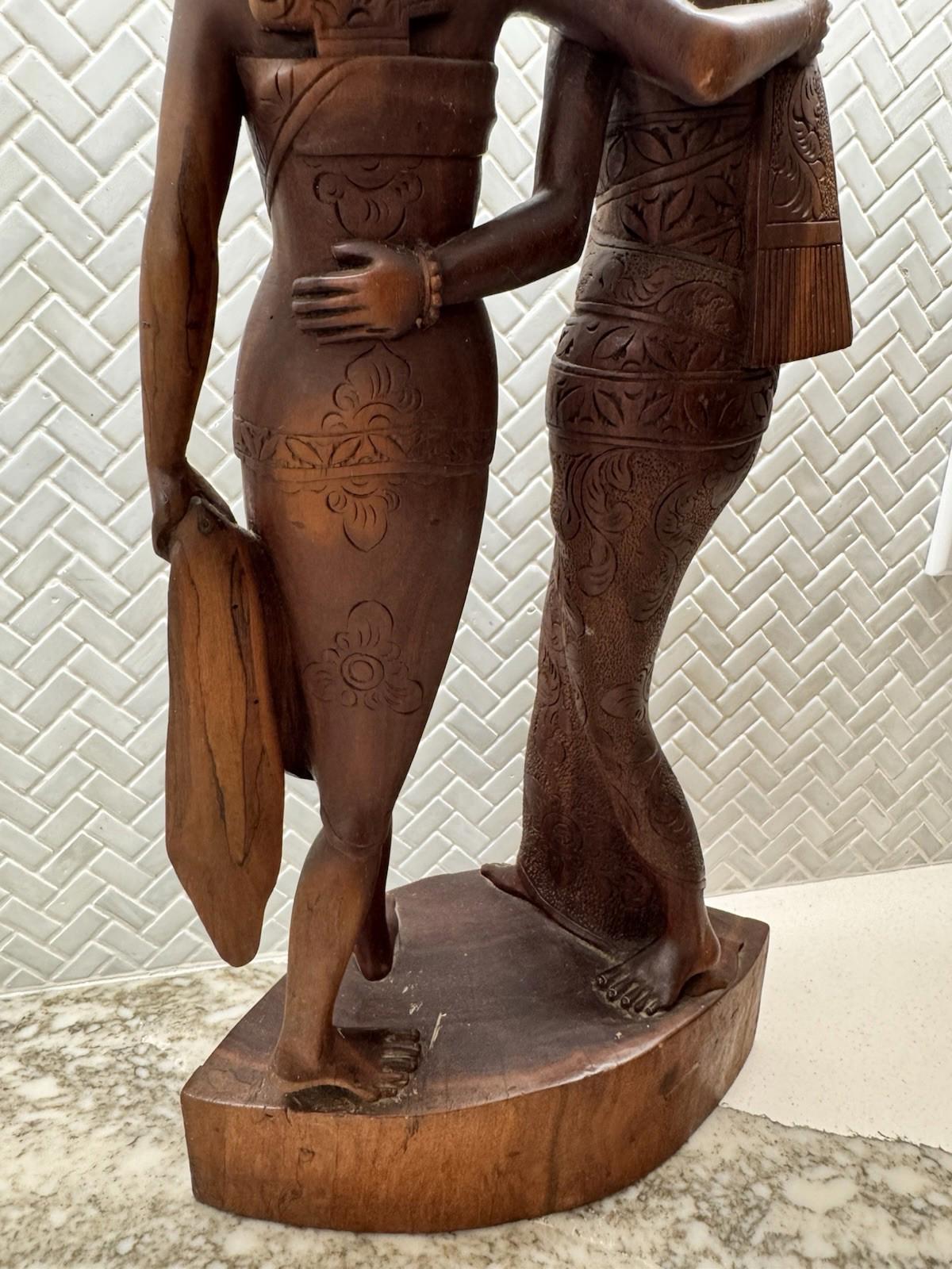 Vintage BALI WOMANS Hand Carved WOOD Sculpture Couple Statue
