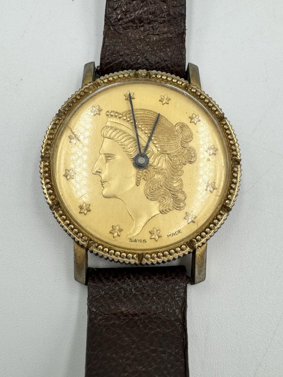 Buler Swiss Coin-Style Dial Watch Liberty Motif Rare 60s