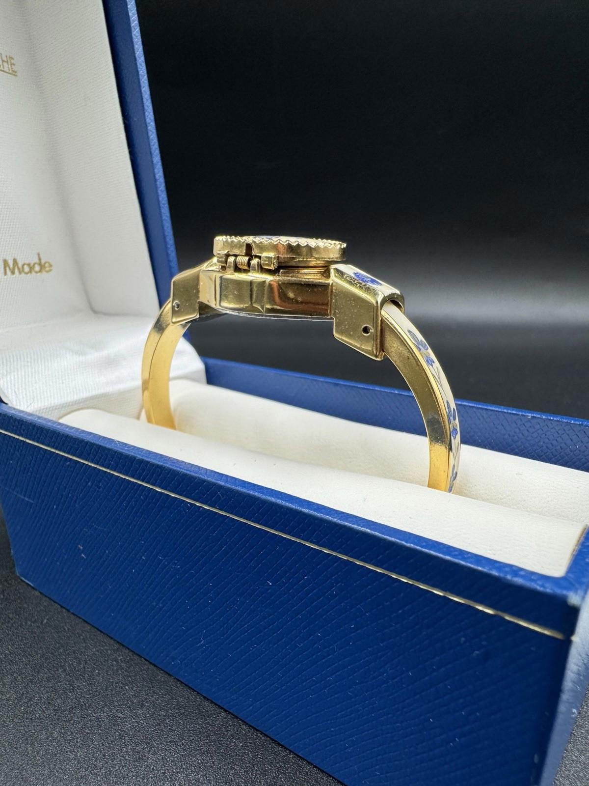 Vintage Andre Mouche Gold Tone Peekaboo Watch White Enamel Blue Flowers with box