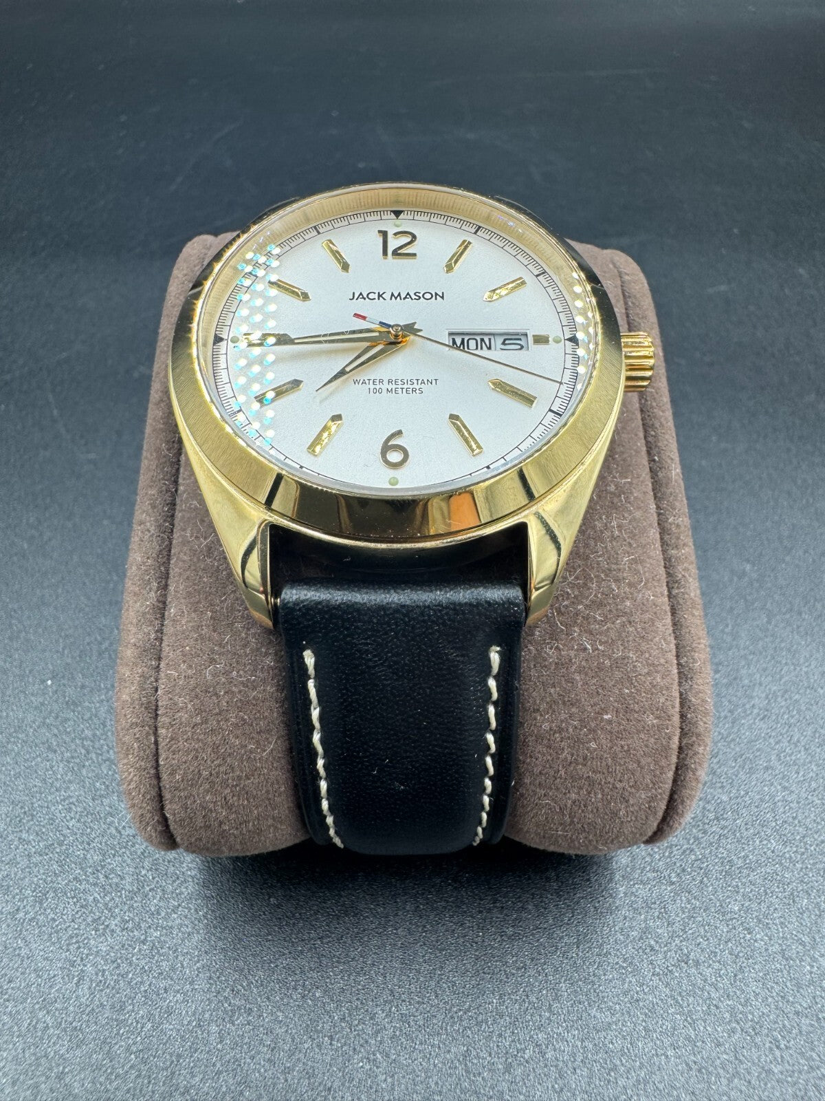Jack Mason Canton Day-Date Quartz Watch (Gold PVD) with Brown Leather Strap VG+