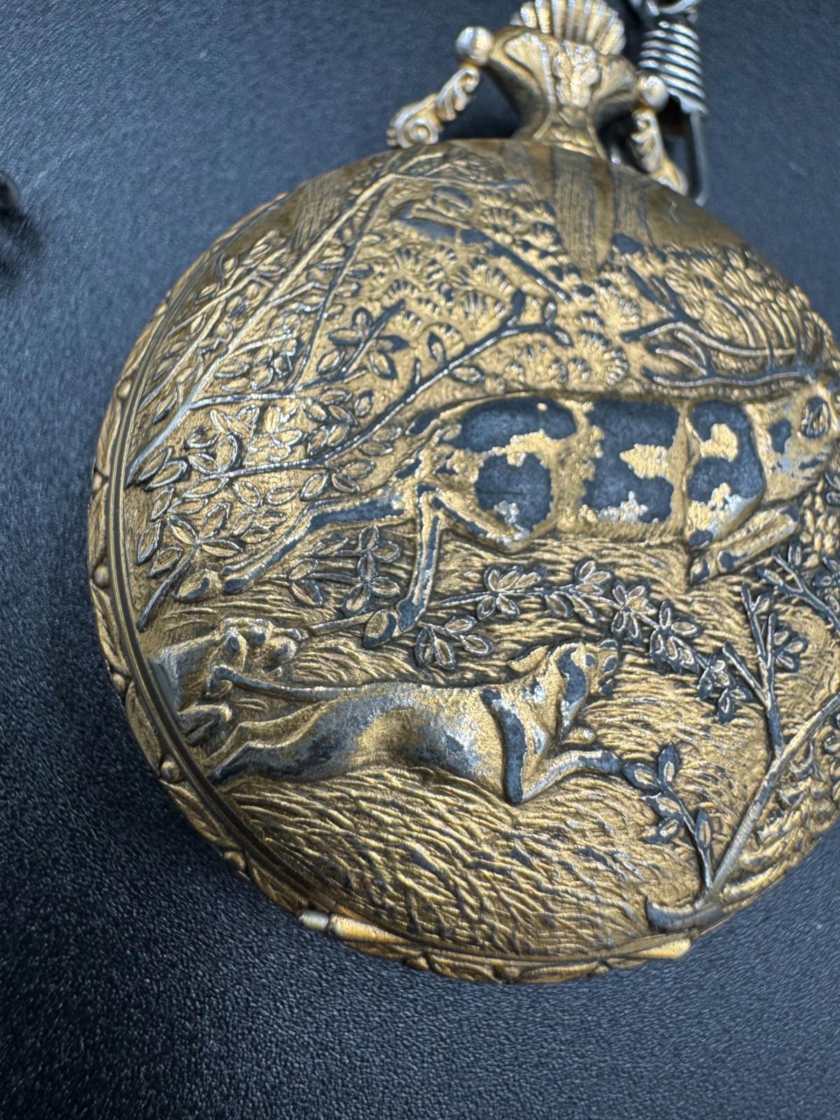 Vintage Majestime Swiss 17 Jewels Incabloc Deer Hunter Pocket Watch Chain To Dad